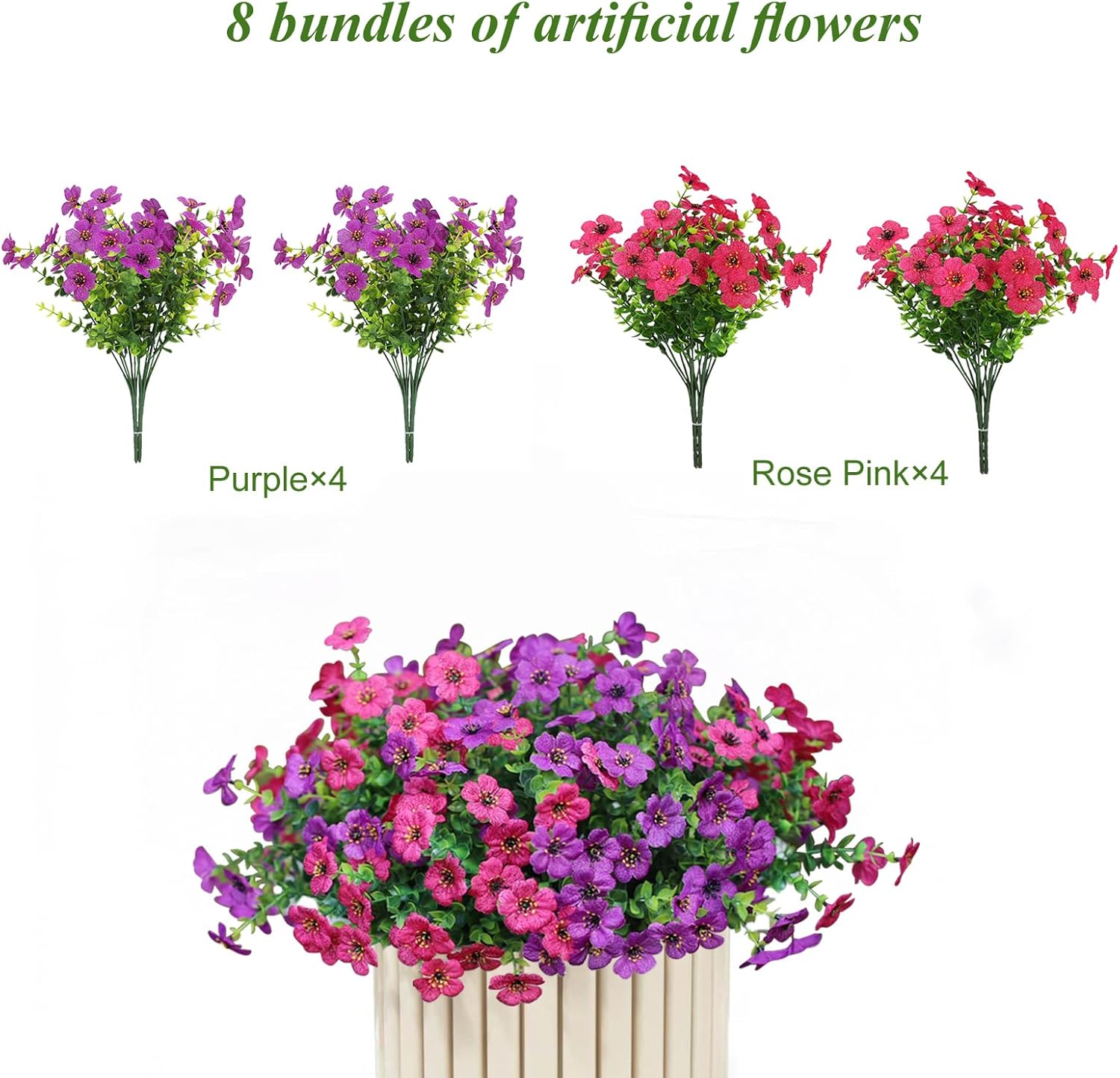 Artificial Flowers for Outdoors, Fake Faux Plants Outside Realistic Spring Summer Decor, UV Resistant Silk Flowers for Home Porch Garden (8, Purple Rose-red) - Image 4