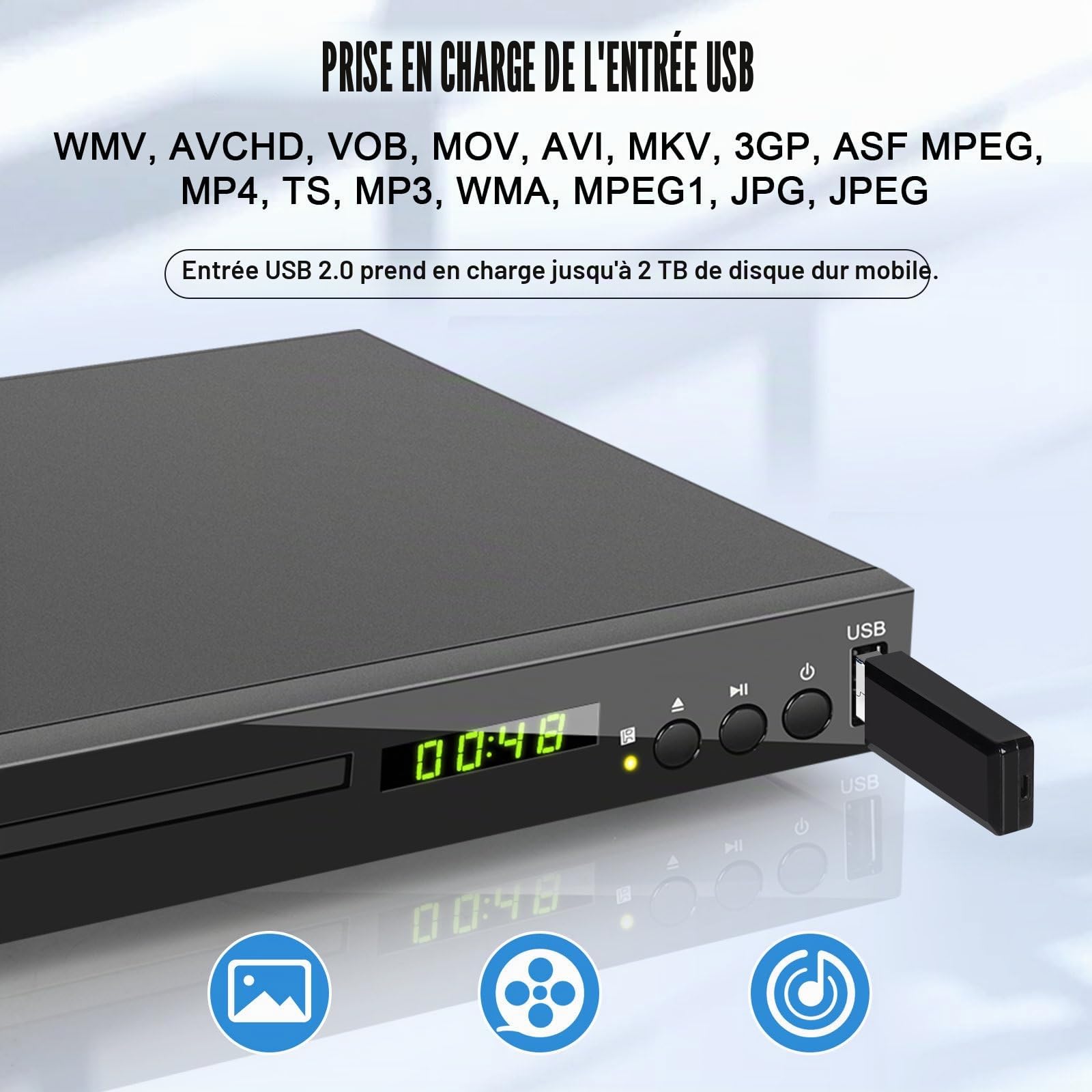 Lecteur Blu-Ray pour Téléviseur (Région 2), Compact Lecteur CD DVD Multizone avec Sortie Coaxiale AV HDMI Entrée USB, Prise en Charge clé USB, Lecture des Disques Blu-Ray de la Région 2