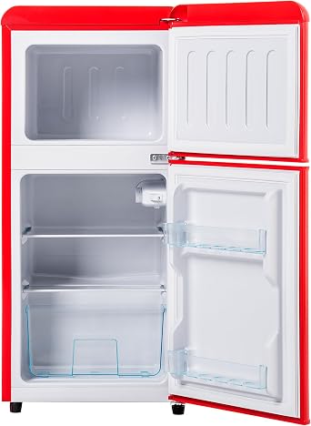 drixno retro refrigerator red freezer combination. 86.8 cm high 45.5 cm wide 2-door with 60 liter total volume 22 liter freezer volume. 163 kwh / year27 ° c 13 ° c led light [energy class e]