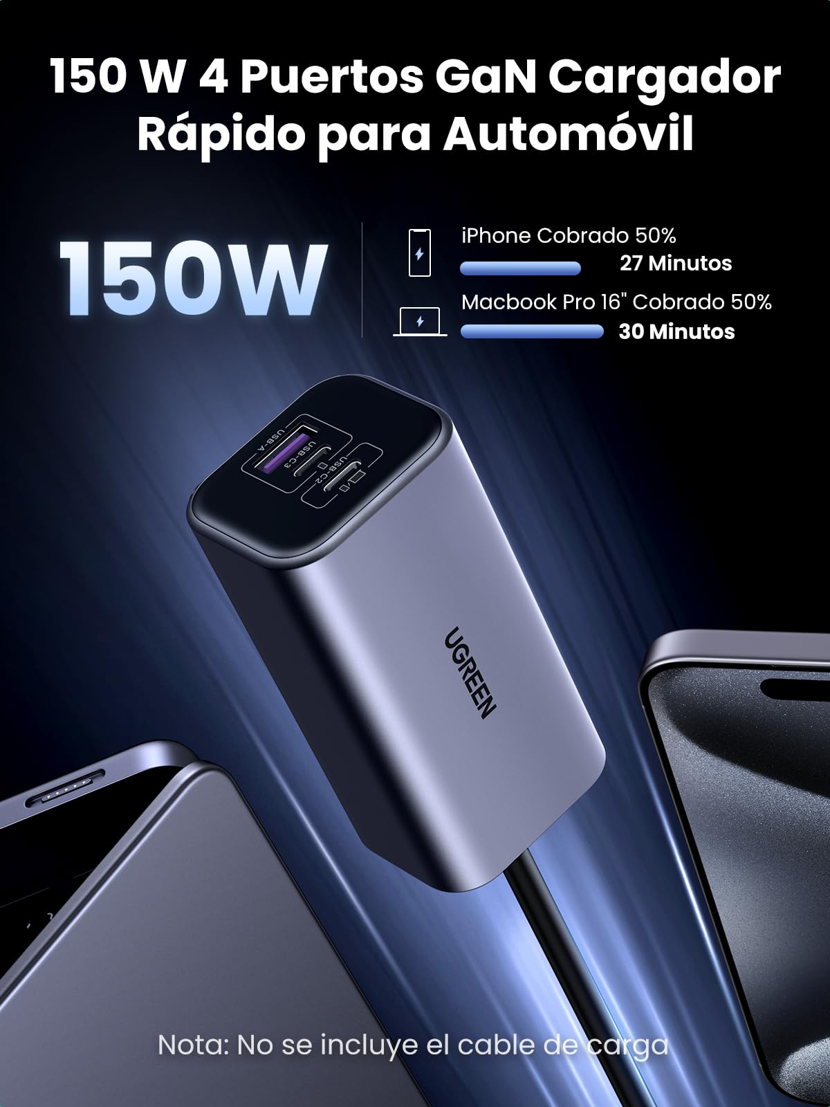 UGREEN Cargador Coche USB C 150W Car Charger Tipo C GAN 4 Puertos | PD 3.1 QC 4.0 PPS Cargador Mechero Coche Carga Rápida Compatible con iPhone 17 16 15 MacBook M5 M4 M3 M2 M1 iPad Galaxy S26