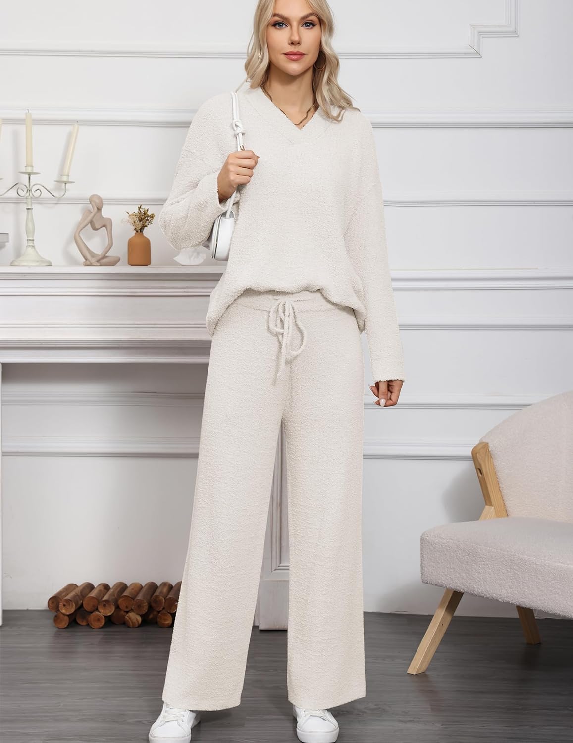 HNG Lounge Sets for Women Two Piece Outfits Fuzzy Fleece Pajama Set Long Sleeve Pullover Sweater Top and Wide Leg Pants - Image 3
