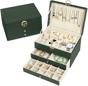 Granbest 3 Layers Jewellery Box with 2 Drawers, Elegant Jewellery Organiser, Leather Jewellery Storage Case Ideal for Necklaces, Bracelets, Rings and Earrings Dark Green