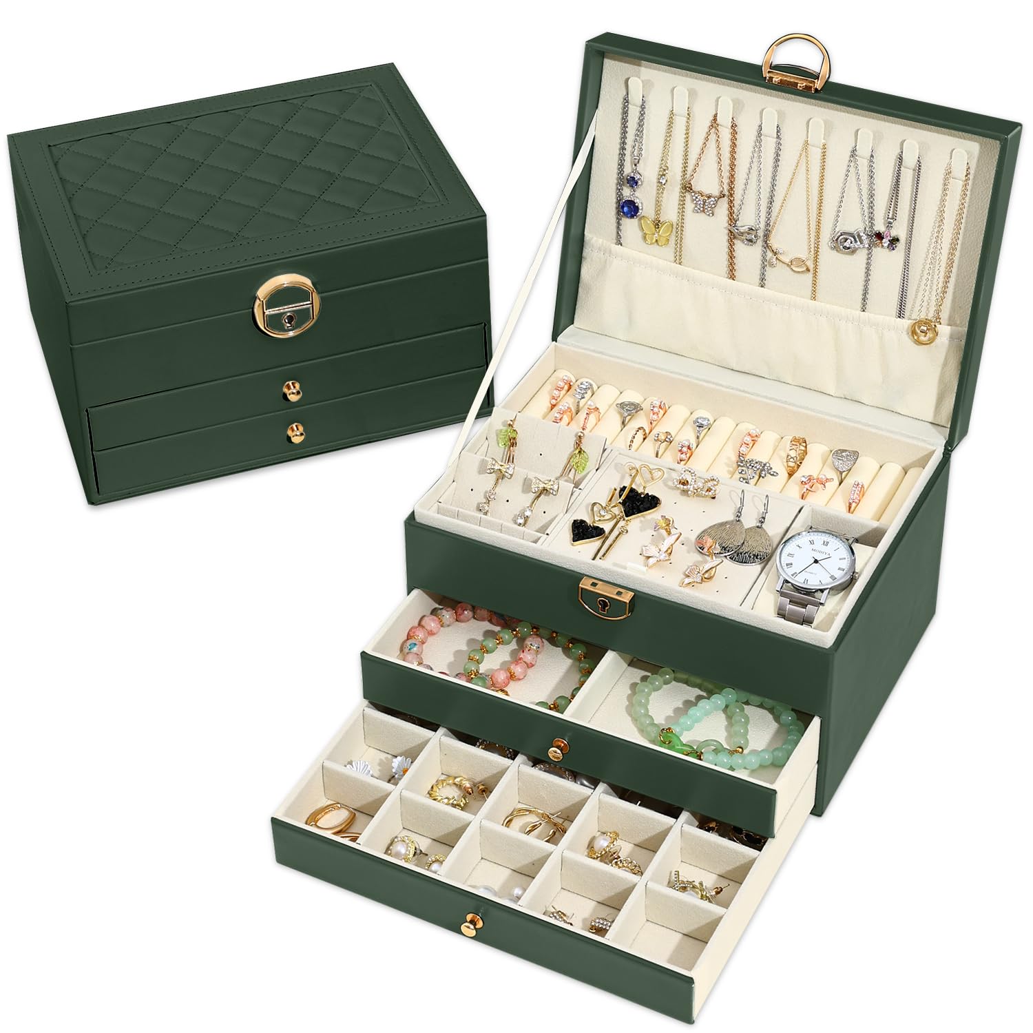 Granbest 3 Schichten Schmuckkästchen mit 2 Schubladen, Elegante Schmuckkasten, Leder Schmuckbox Ideal für Halsketten, Armbänder, Ringe und Ohrringe