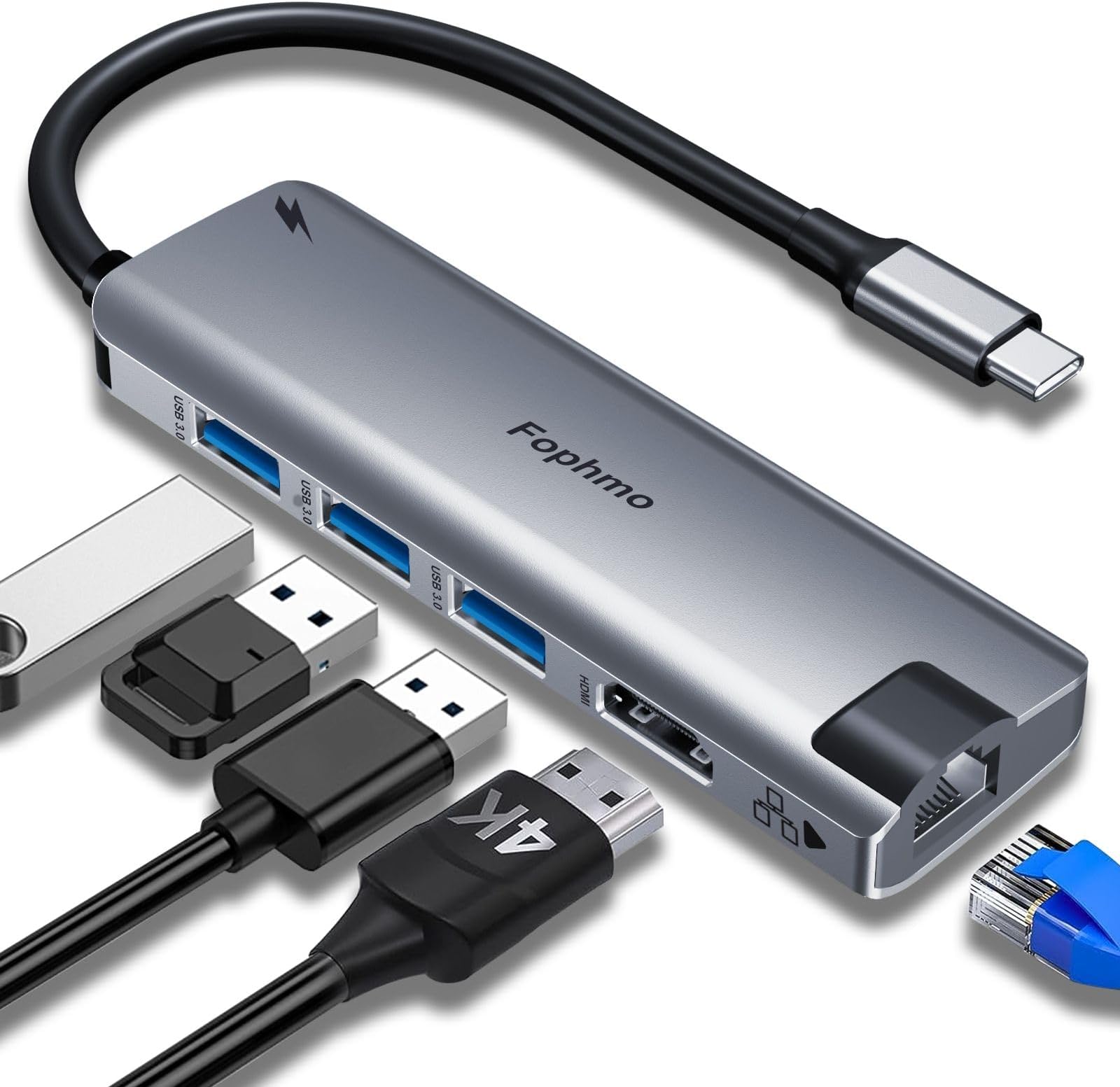 USB C Hub Ethernet, Fophmo Portable Multiport Adapter, Compatible for MacBook Pro, 4K HD, 100W PD, 3 USB3.0, 1Gbps LAN for Type C Devices-Mac/iPad Pro/Dell/HP