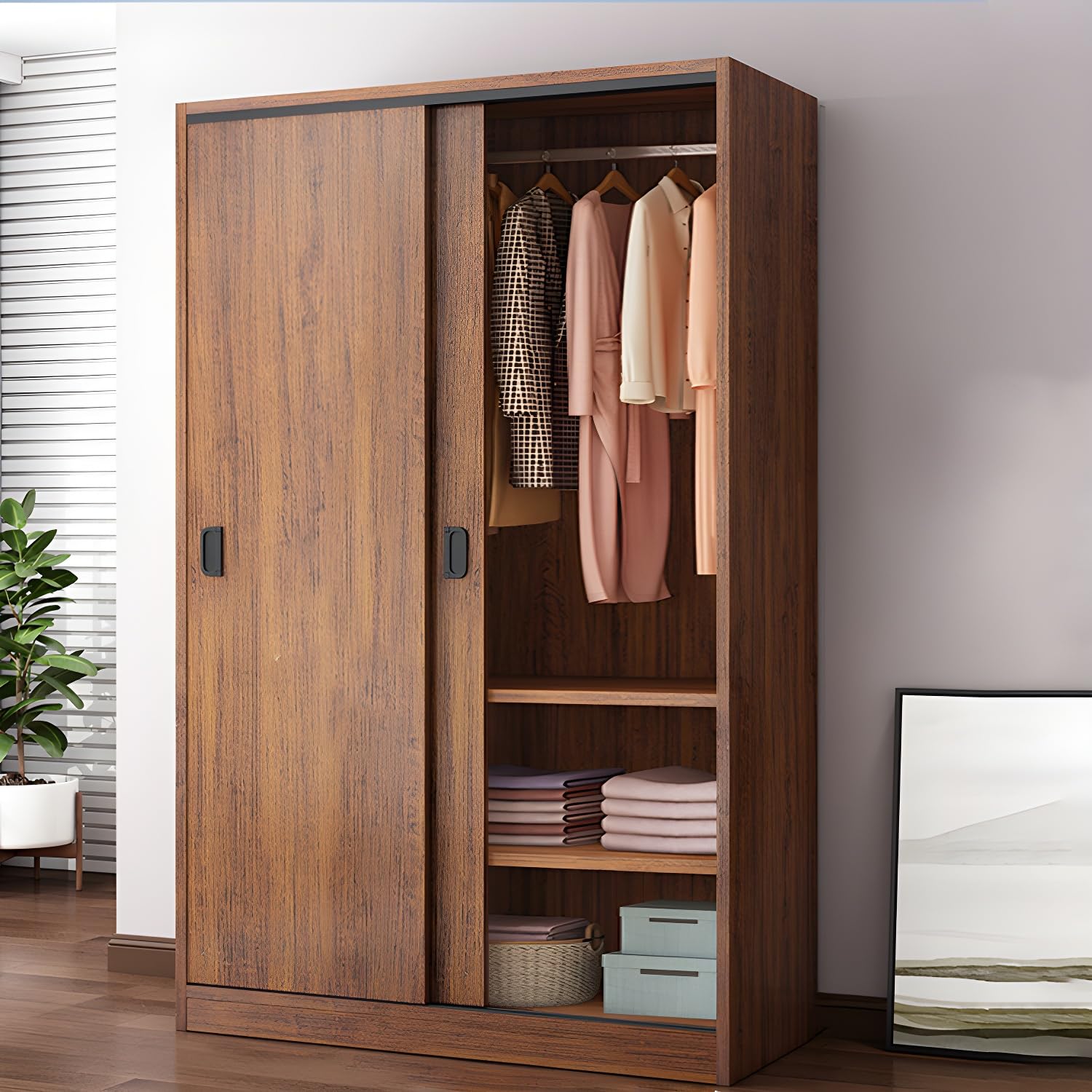 Litfad Sliding Door Wood Wardrobe Cabinet Modern Mutil Functional