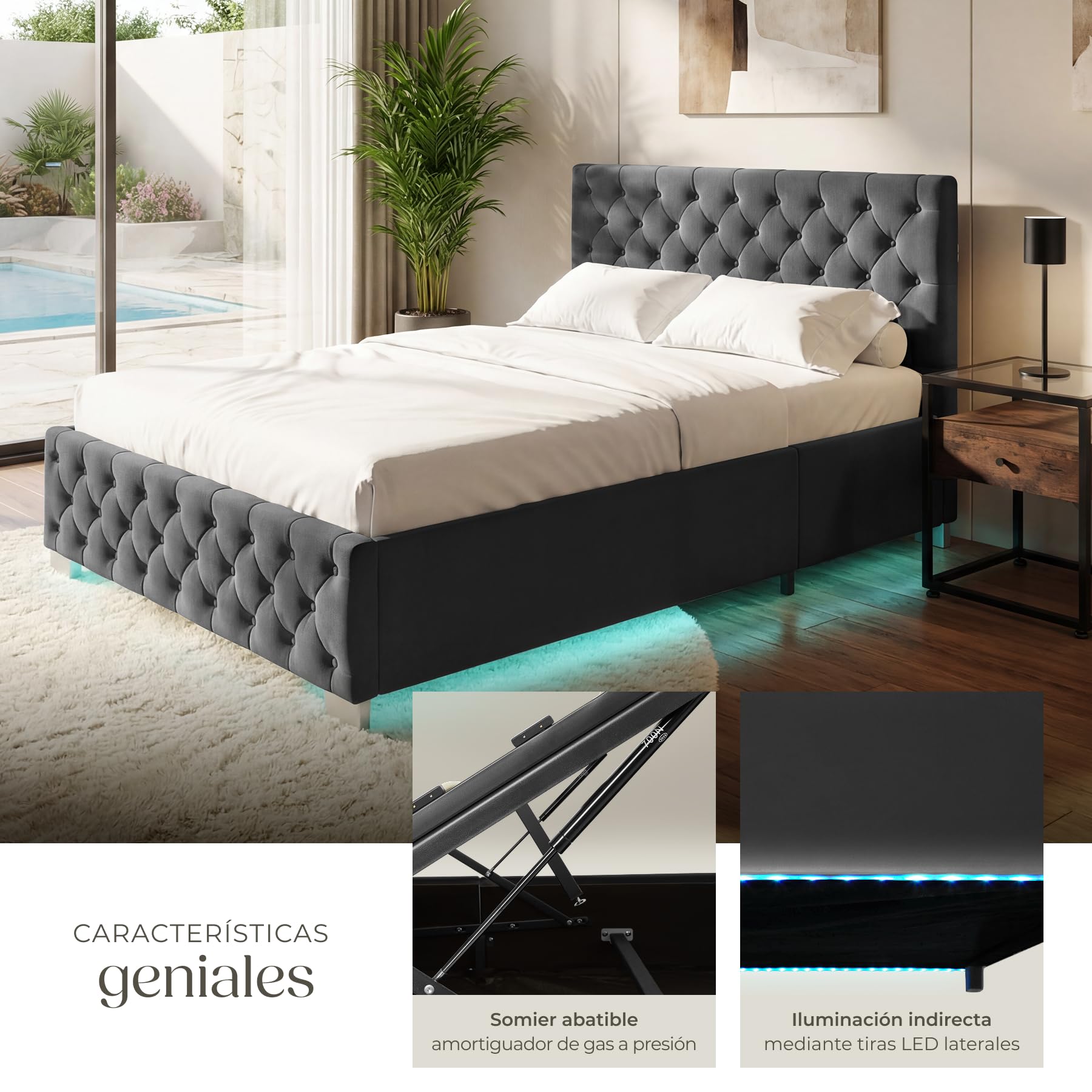 tectake® Cama Tapizada de Terciopelo con Leds, Canape Somier Abatible, Acero Estable, Cama Alta con 300 kg de Capacidad, Mando, Acolchado Chesterfield, Iluminación LED - 217 x 187,5 cm Negro