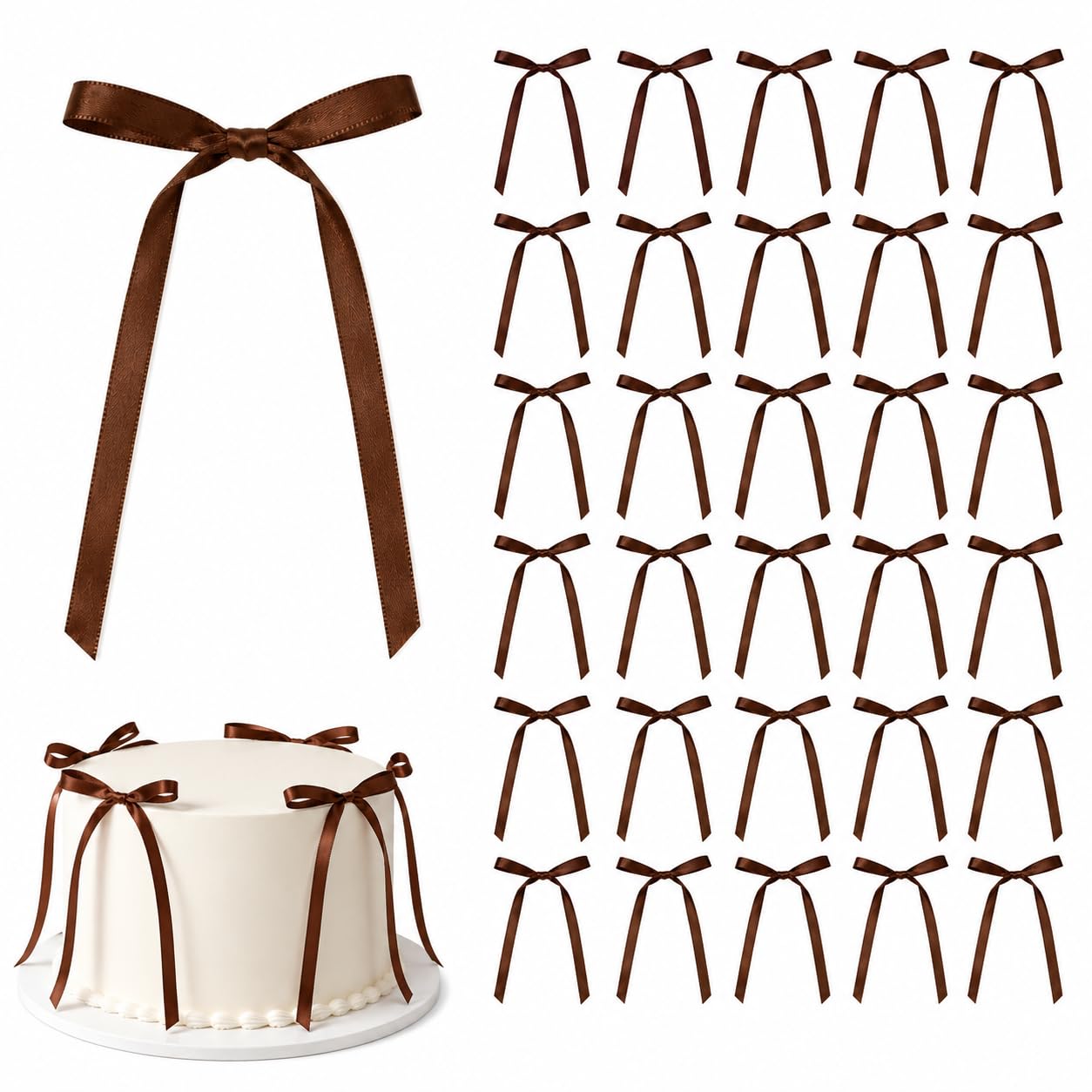 30 Pack Brown Ribbon Bow Cake Toppers Birthday Decorations Coquette Bow Cupcake Toppers for Cake Dessert Wedding Bridal Balloon Wall Party Supplies