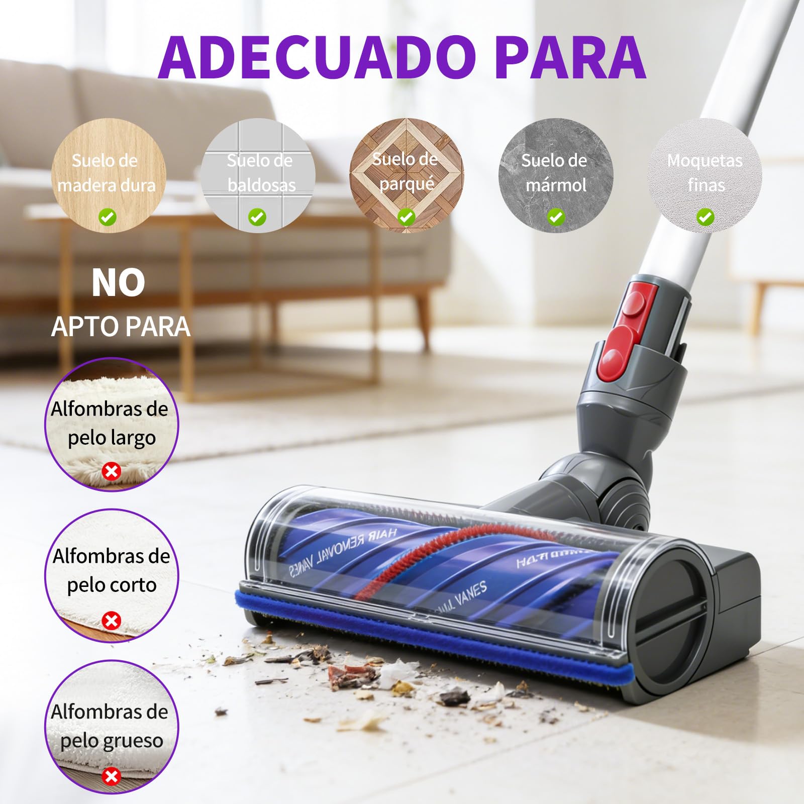 JUYLTOOL Cepillo Turbina Antienredos para Dyson V7 V8 V10 V11 V15 Aspiradoras, Cepillo Motorizado con Luce LED para Dyson SV10 SV11 SV12 SV14 para Moquetas y Suelos Duros - 4