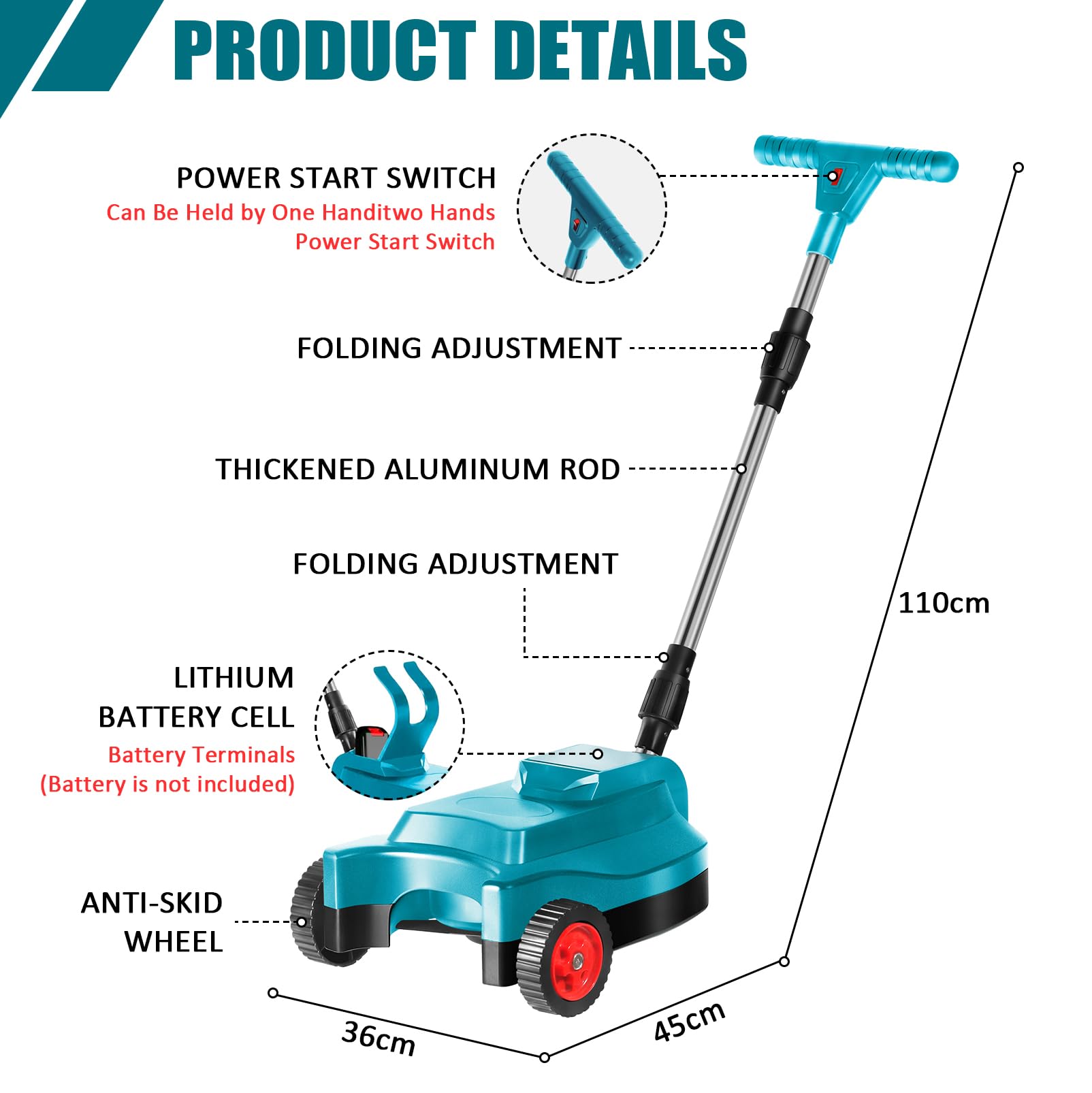 Cortacésped con batería, cortacésped Manual, Batería no incluida | 23 cm de ancho de corte, ajuste de altura de corte 3 veces 20-50 mm, mango plegable para superficies de césped de hasta 50 m²