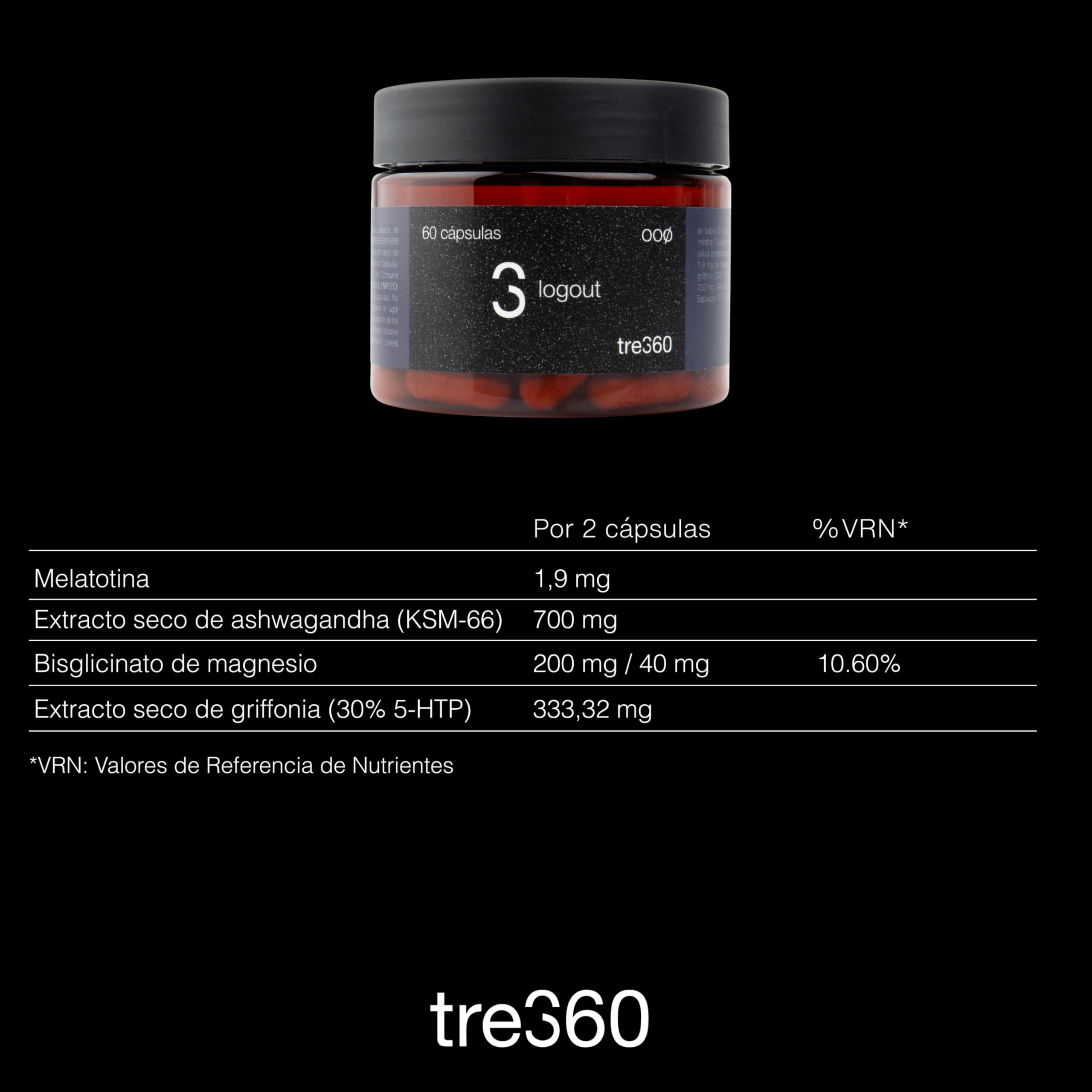 Tres60 - Logout Sueño y Descanso – 60 Cápsulas - Melatonina 1,9 mg, Ashwagandha KSM-66®, Griffonia 5-HTP y Magnesio - Complemento para Dormir Mejor y Favorecer el Descanso Nocturno