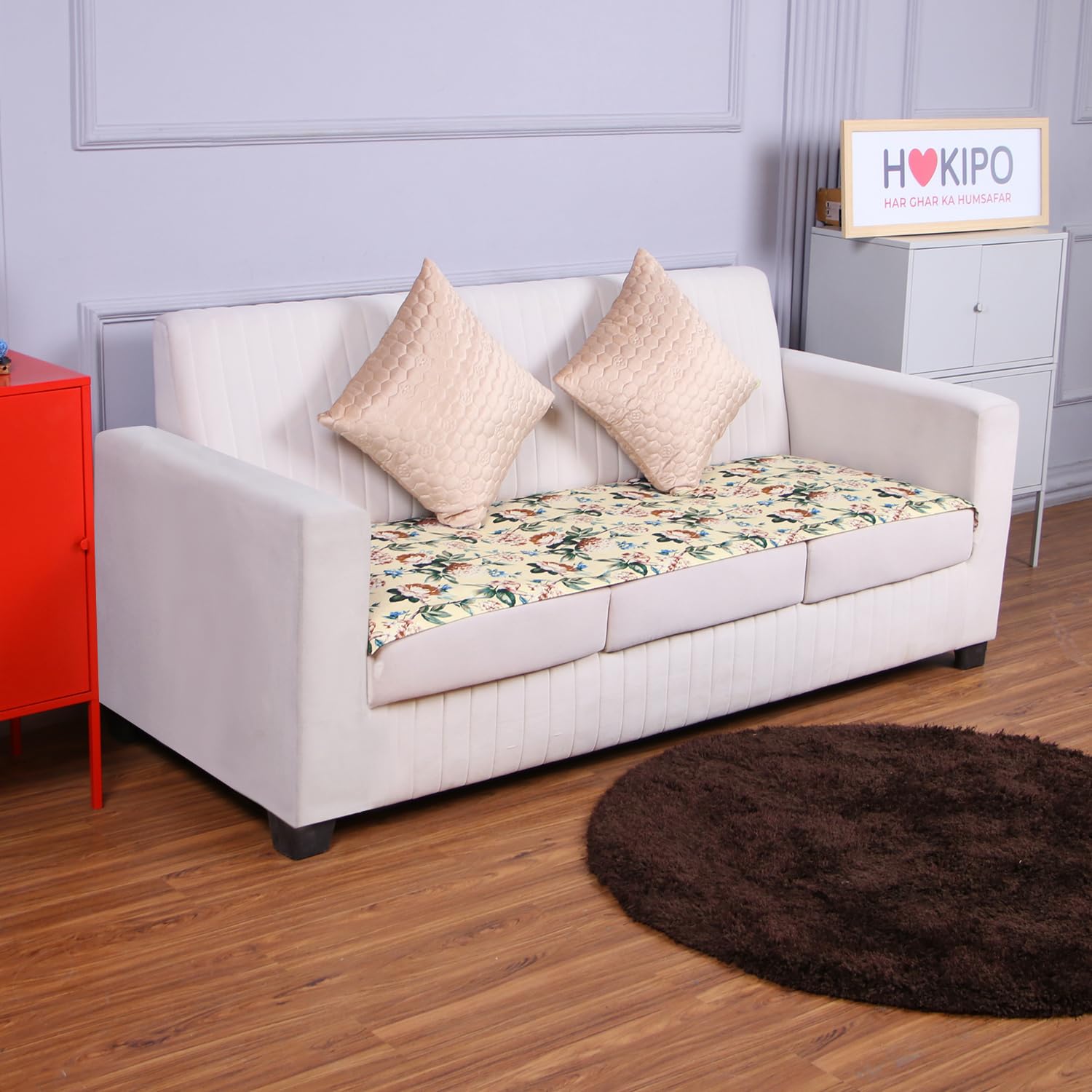 HOKIPO 450gsm Holland Velvet Printed Sofa Cover Mat for 3 Seater Sofa, Botanical Garden Beige (IN-786-D3)