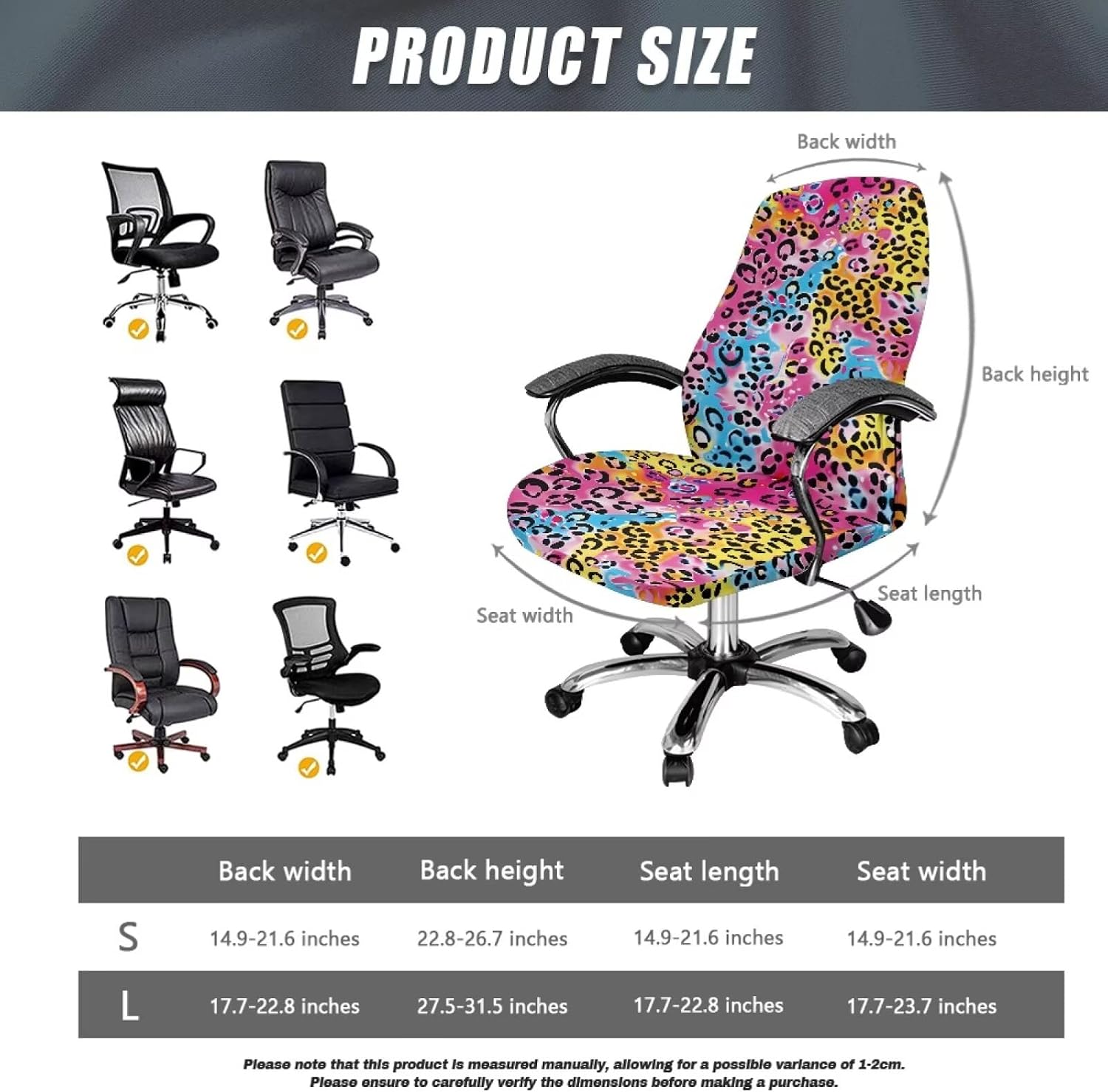 Office Chair Cover Stretchable Removable Computer Chair Back Covers Colorful Leopard Print Anti-Dust High Back Office Desk Chair Slipcovers for Office Home, Small