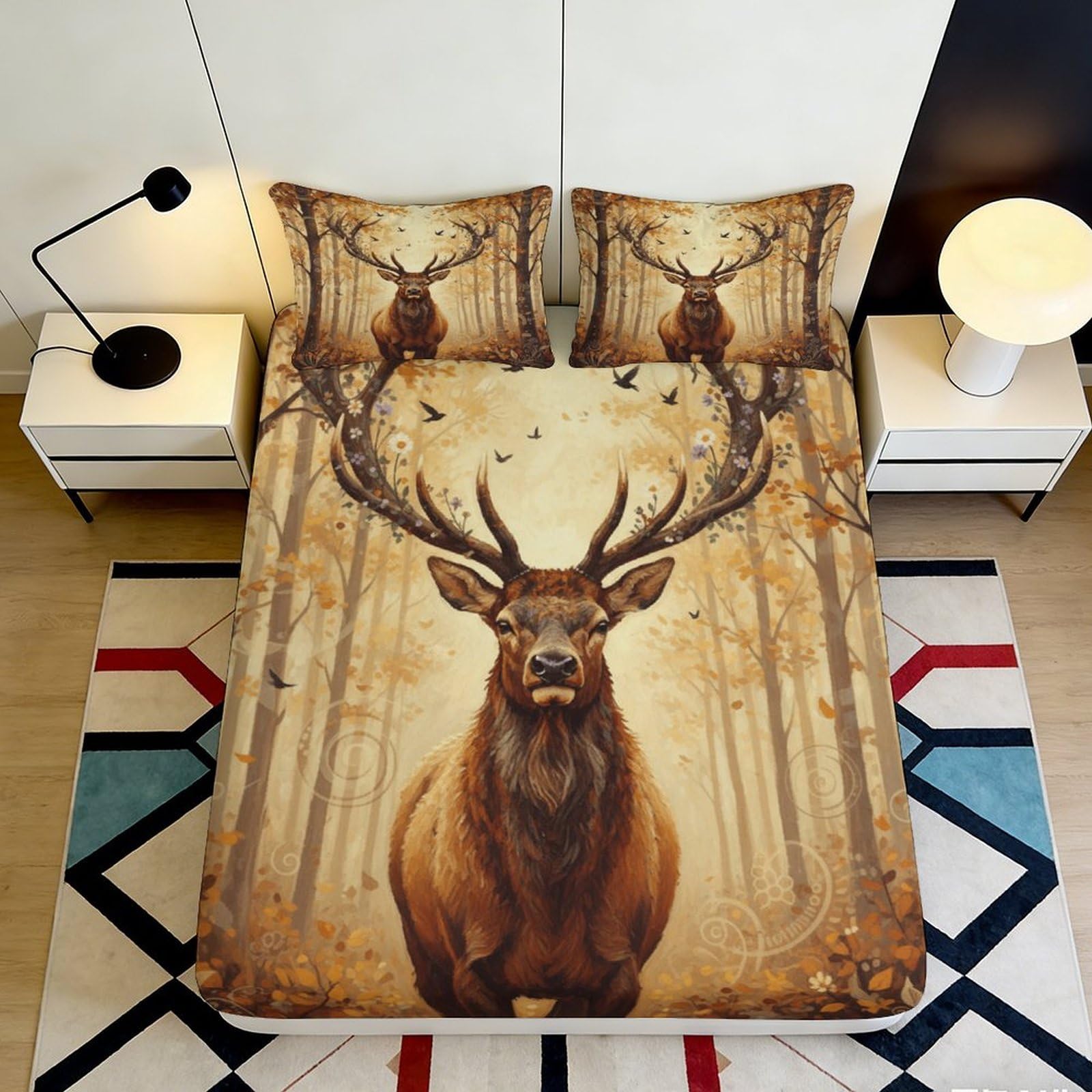3D Printed Forest Deer Fitted Sheet Microfiber Deep Pocket Forest Elk Mattress Fitted Cover Bedroom Bedding 118 120x200x25cm