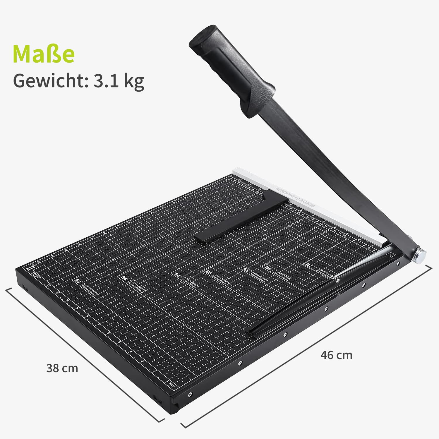 ACROPAQ Papierschneider A3 - Für 8 Blatt Papier, Messerloses Design, Kompaktes Format - Hebelschneider, Papierschneider A4 und A3, Papierschneidemaschine