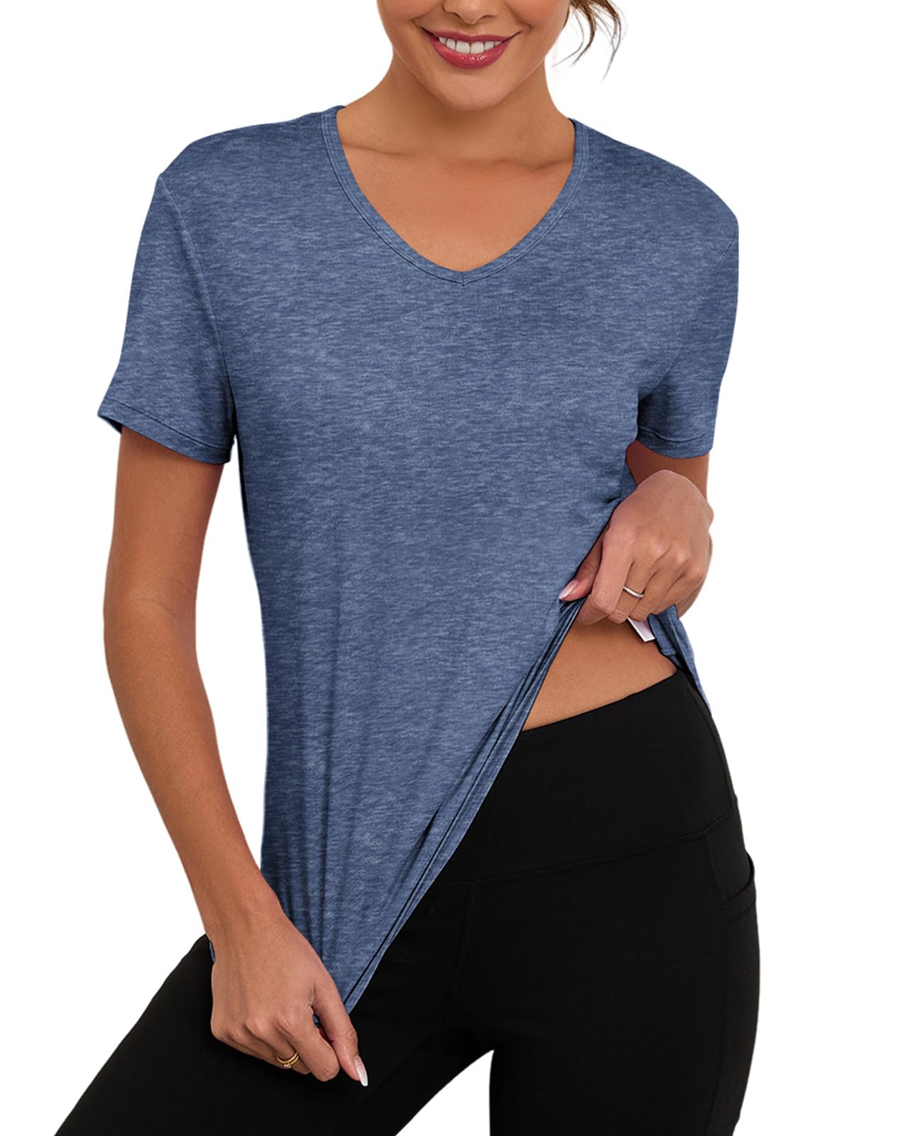 Mazulun V Neck Workout Tops for Women UPF 50+ Breathable Loose Fit Short Sleeve Tee Shirt Yoga Gym Basic T Shirts Dark Blue L