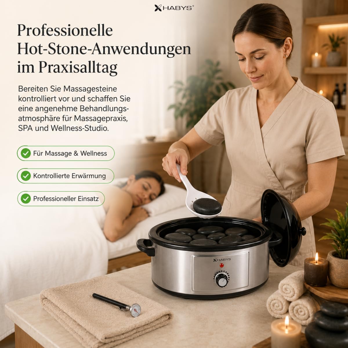 Hot Stone Wärmegerät 6 Liter aus Edelstahl | Temperaturregler für Massage und Therapie, Analog Kontrolle, Thermometer und Schöpfkelle