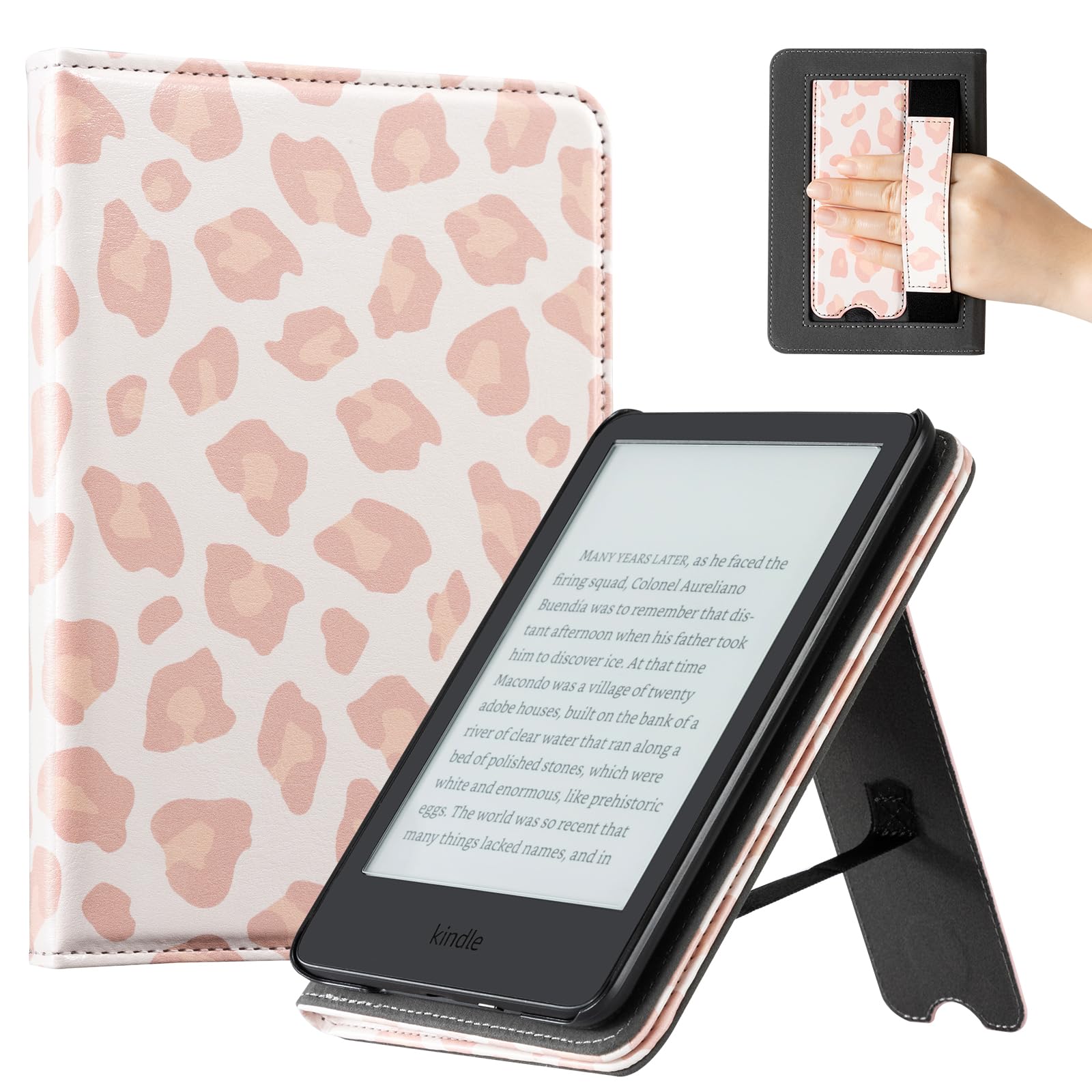 CoBak Case for 6" E-Reader - PU Leather Smart Cover with Auto Sleep/Wake &amp; Hand Strap, not Compatible with Kobo Clara,Pink Leopard