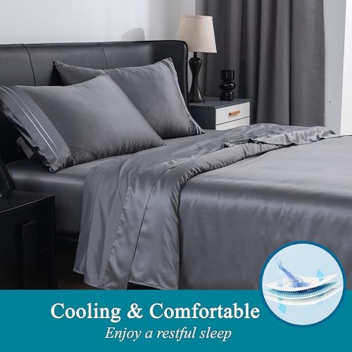 Miniatura 10 de MISERRO Juego de sábanas de tamaño California King, 100% satén, 4 piezas, como la seda, bolsillo profundo de 18 pulgadas (CaliforniaKing, rosa)