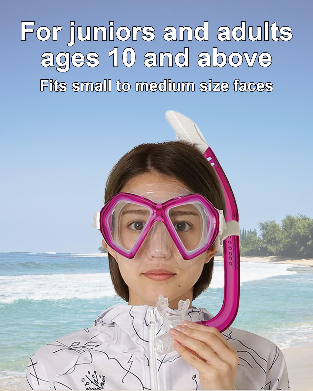 Reef Tourer RC0107 Adult 2-Window Mask & Snorkel Combo Set, Semi-Dry Top, Purge Valve, Low Volume, Tempered Glass Lens, with Reusable Travel Mesh Bag, Bougainvillea Pink