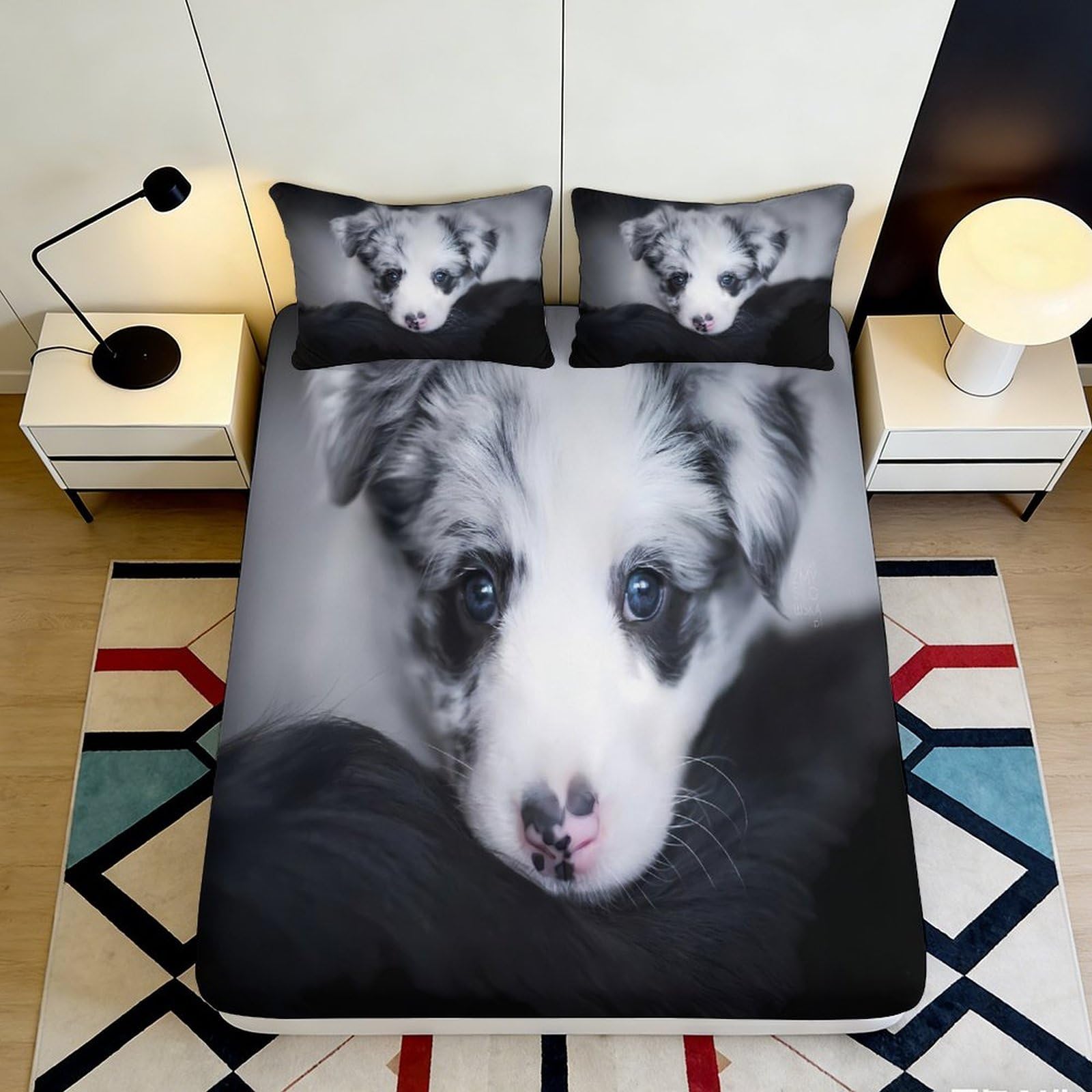 3D Printed Border Collie Dog Fitted Sheet Microfiber Soft Animal Face Mattress Cover for Bedroom Dorm Decorative Use 116 90x200x25cm
