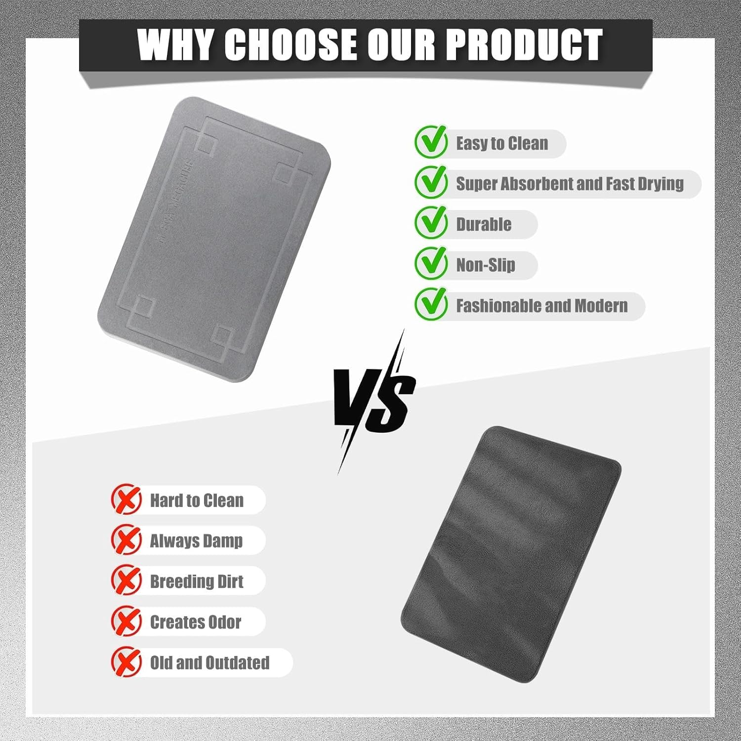 Stone Bath Mat, Super Absorbent Diatomaceous Earth Shower Mat, Non-Slip Fast-Drying Diatomite Stone Bath Mats for Bathroom, 23.6'' × 15.4", Grey, 2 Pack