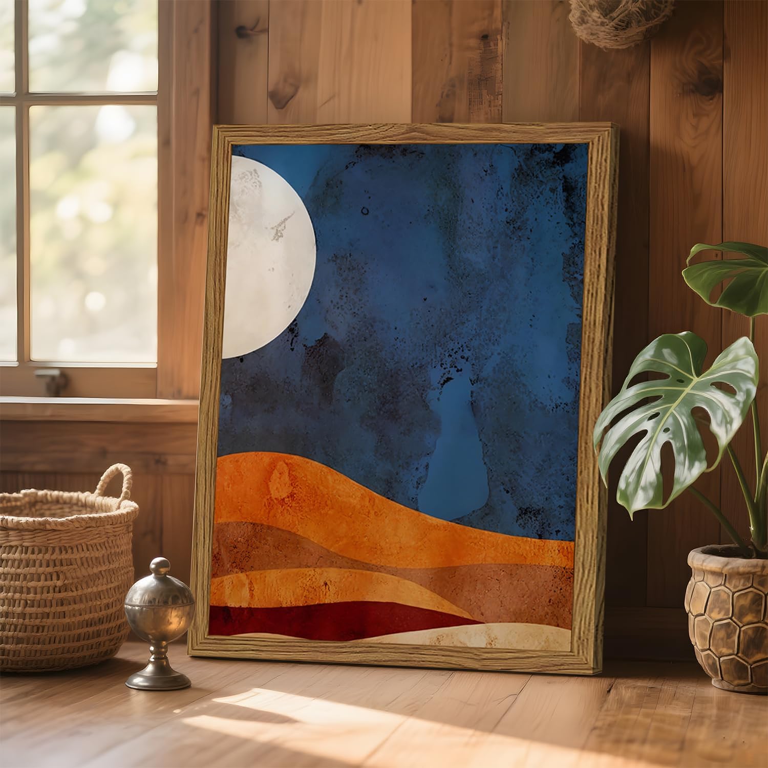 Framed Boho Sun and Moon Canvas Wall Art Set of 2, Vintage Western Desert Landscape Wall Decor Paintings, Mid Century Modern Abstract Pictures Prints Artwork for Living Room Bedroom Office 16x24 inch