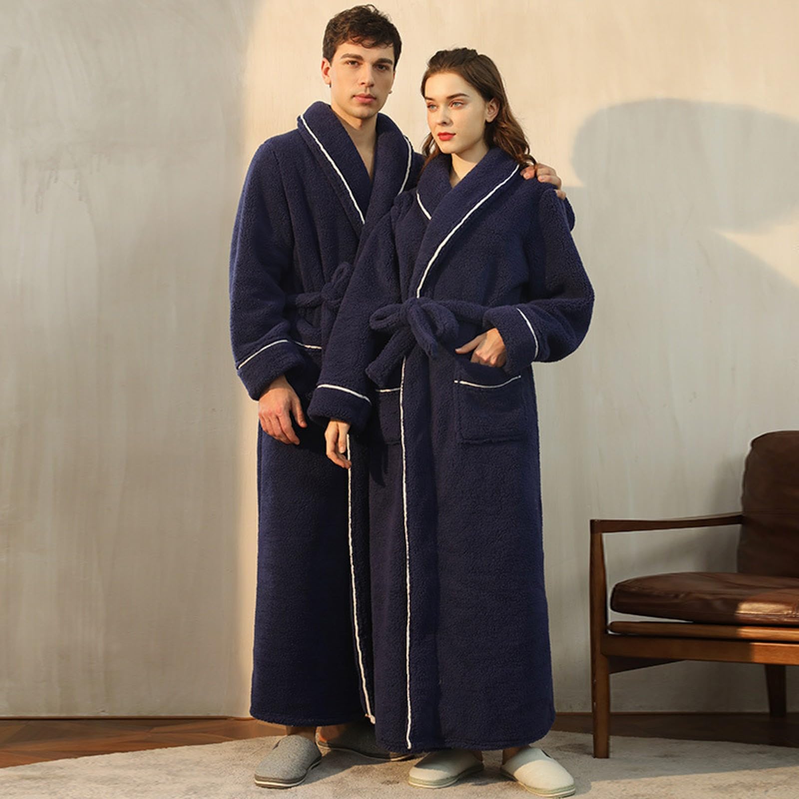 Albornoces largos y cálidos para hombre y mujer, para invierno, albornoz de franela de viaje, de forro polar, tallas grandes, bata de baño de manga larga, suave, cómoda, mullida