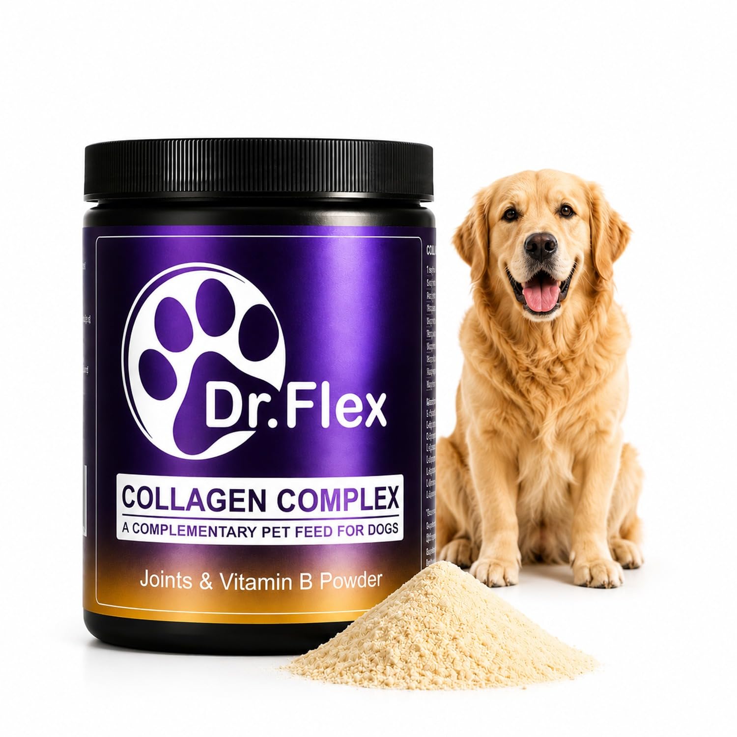 Dr. Flex Kolagen dla Psów + Kompleks Witaminy B – 300 g proszku z 4500 mg kolagenu wołowego i 500 mg hydrolizowanego kolagenu morskiego Typ I, II, III – witaminy B12, B1, B2, B3, B5, B9
