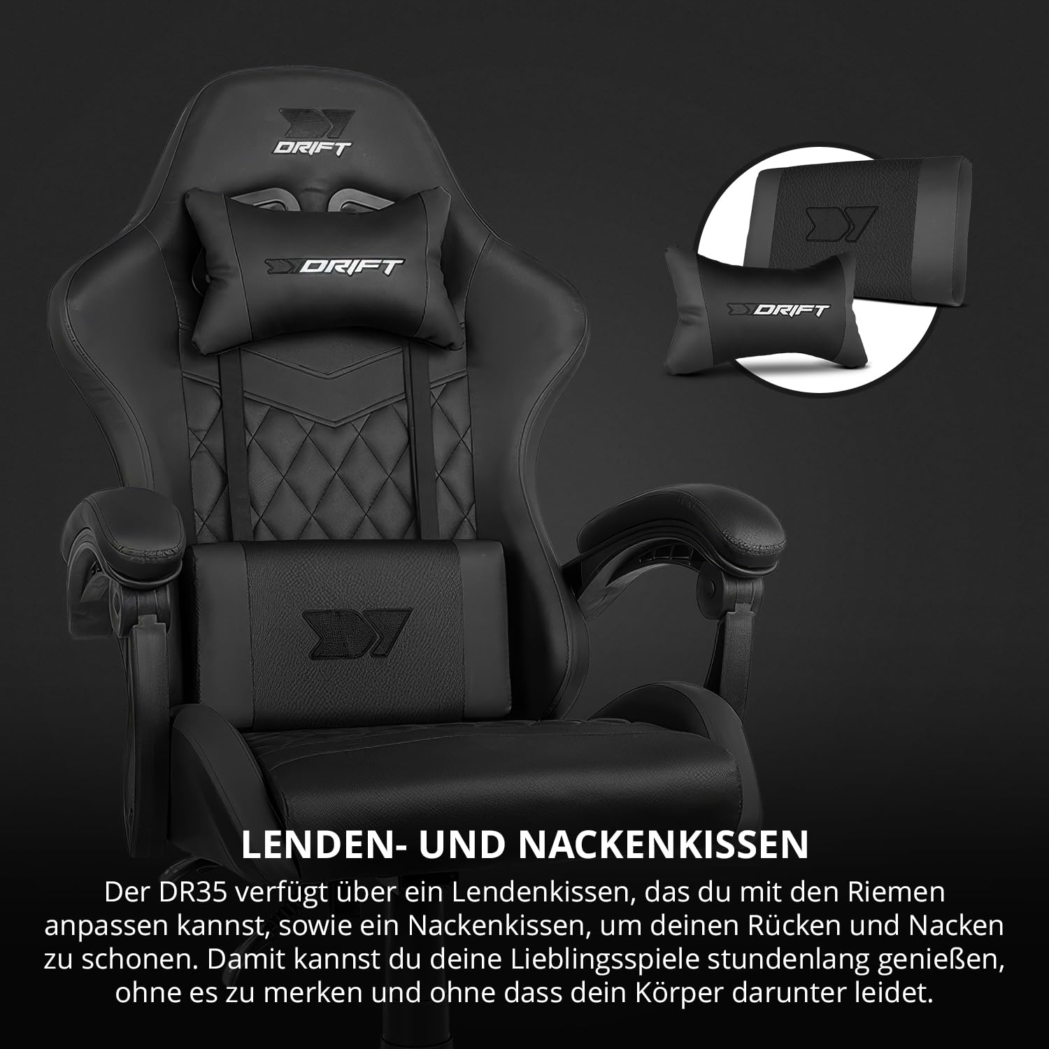 DRIFT GAMING DR35 –Professioneller Stuhl, Kunstleder, gepolsterte Armlehnen, Kolben der Klasse 3, verstärkte Nylonbasis, neigbarer Sitz, höhenverstellbar, Lenden-/Halswirbelsäulenkissen, Schwarz