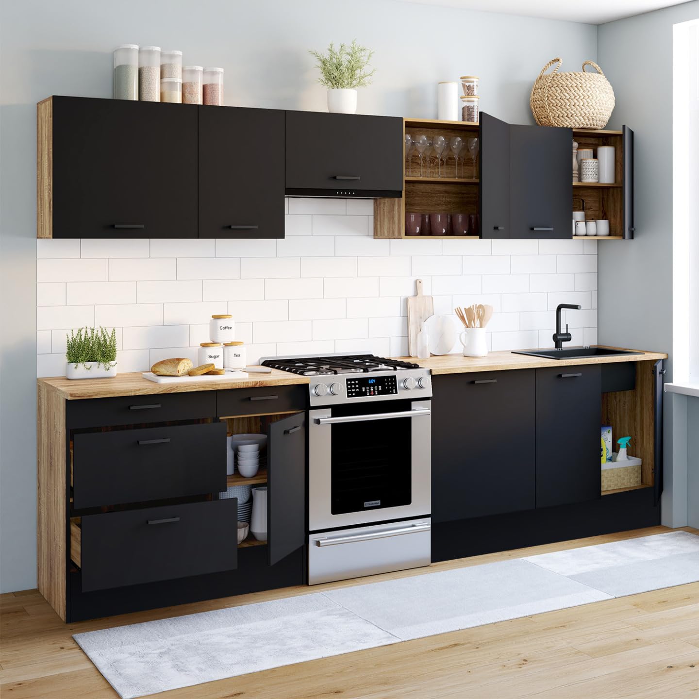 IDMarket - Cuisine complète casserolier 300 cm Subtil avec Plan de Travail 9 éléments Bois et Noir