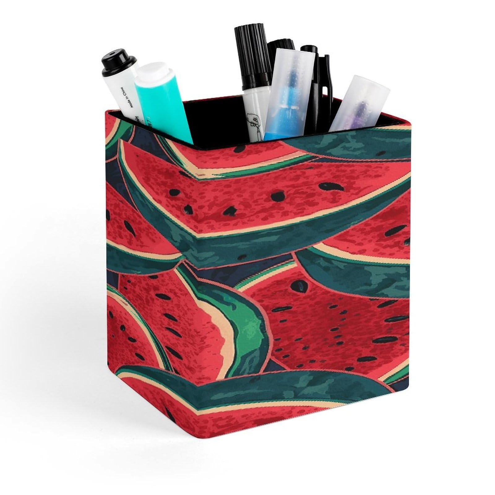 FekiLoot Red Watermelon Pen Holder for Desk Minimalist Leather Pencil Holder Fashion Modern Pencil Cup Decorative Square Pen Cup Locker Organizer for Office Work Locker Accessories