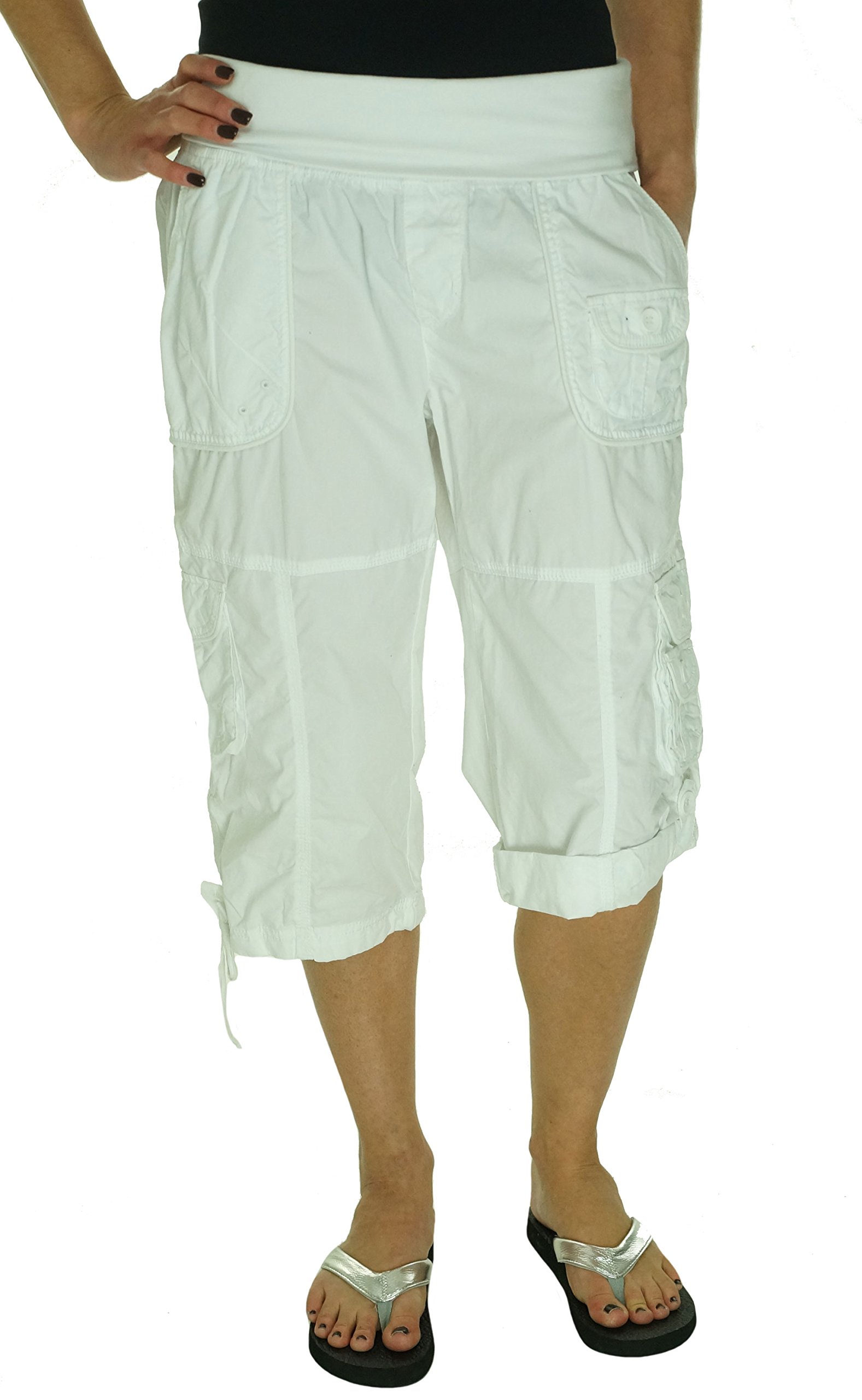 Calvin Klein Women's Rollover Waist Multi-Pocket Convertible Length 14"/18" Cargo Crop