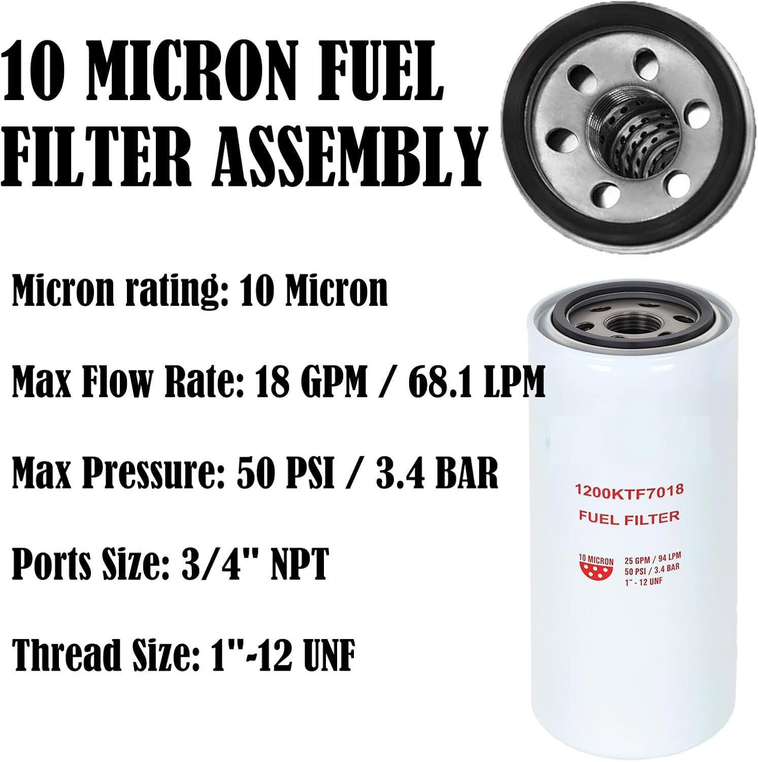 1200KTF7018 Fuel Filter 10 Micron 3/4" 18GPM 50PSI 10Micron Fuel Filtration F1810PM0 1200KTG9075 Fill-Rit Grainger FR112 FR1210G FR610G Fuel Transfer Tank Pump Diesel Gasoline Fuel Filters Assembly