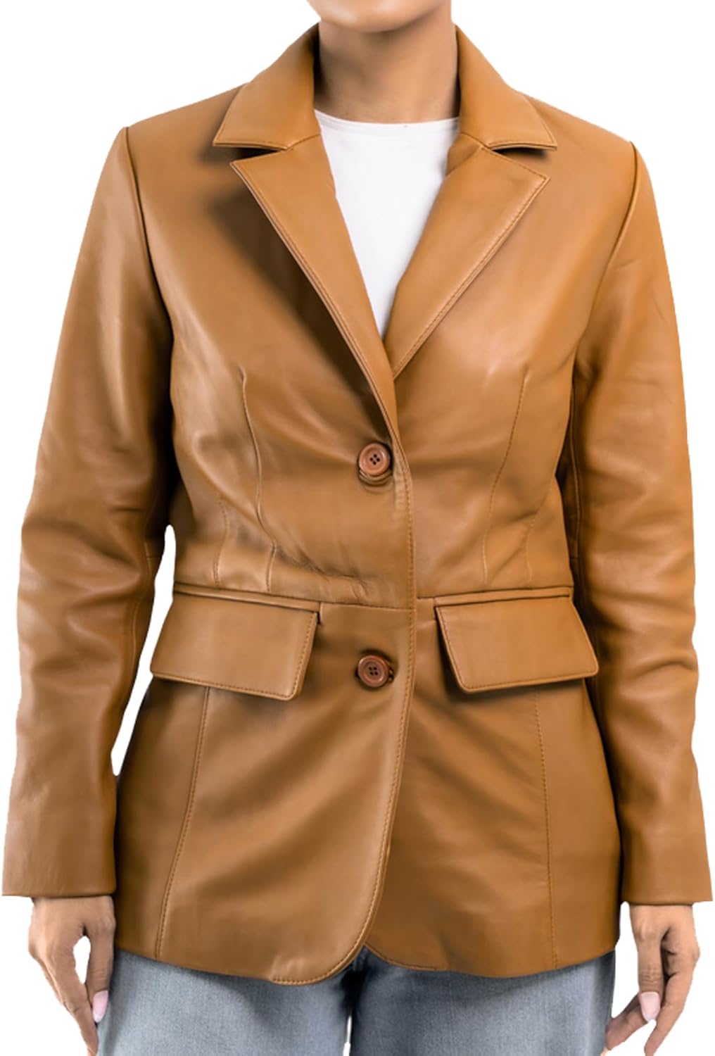 LeathersInn Women's Genuine Leather Blazer Jacket - Notched Lapel Two Button Belted | Tailored Fit Coat with Flap Pockets