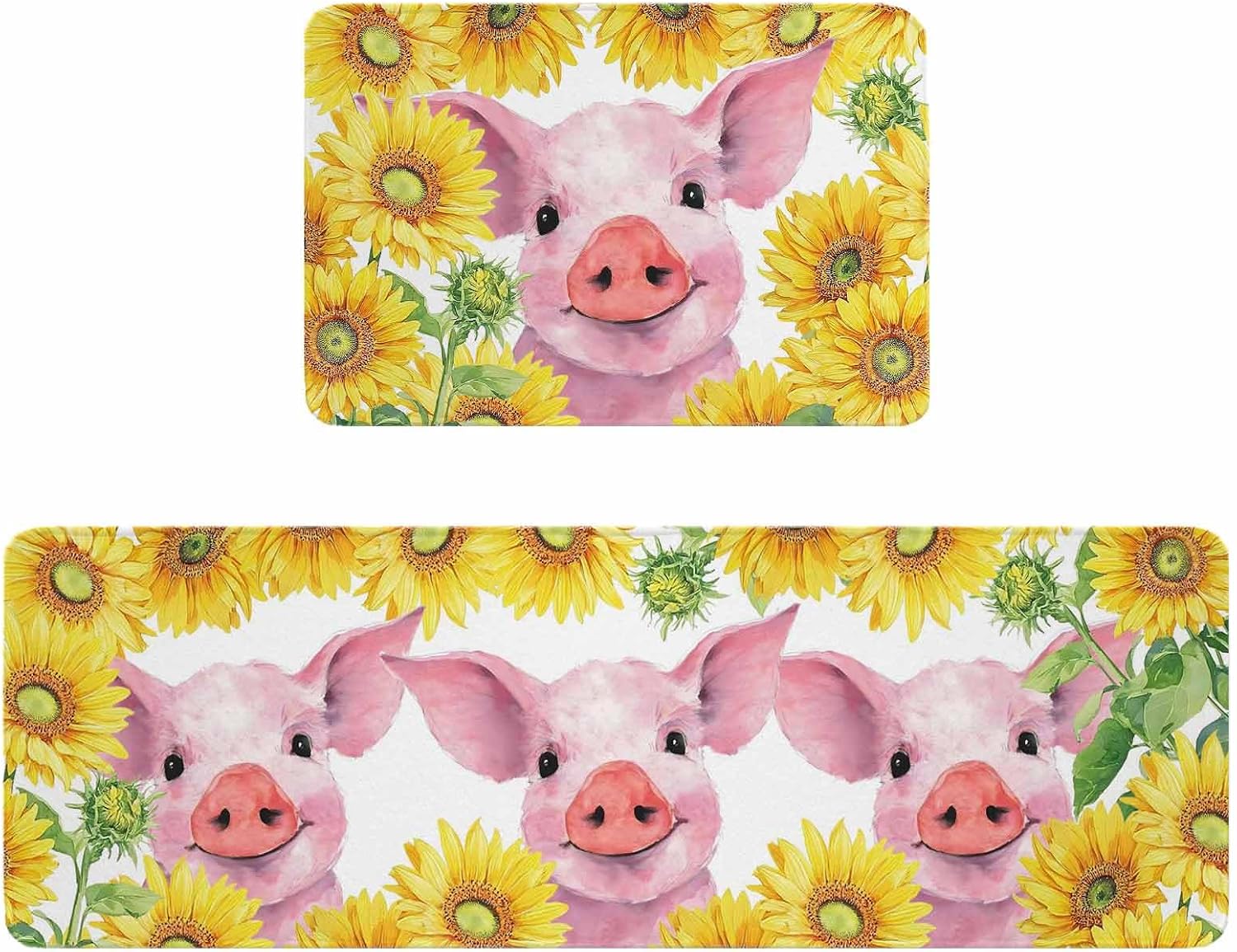 Farmhouse Sunflowers Kitchen Rugs and Mats Set of 2, Non-Slip Kitchen Sink Mat, Spring Country Watercolor Pig Floral Washable Doormat Bathroom Rugs Runner for Bedroom 15.7"x23.6"+15.7"x47.2"