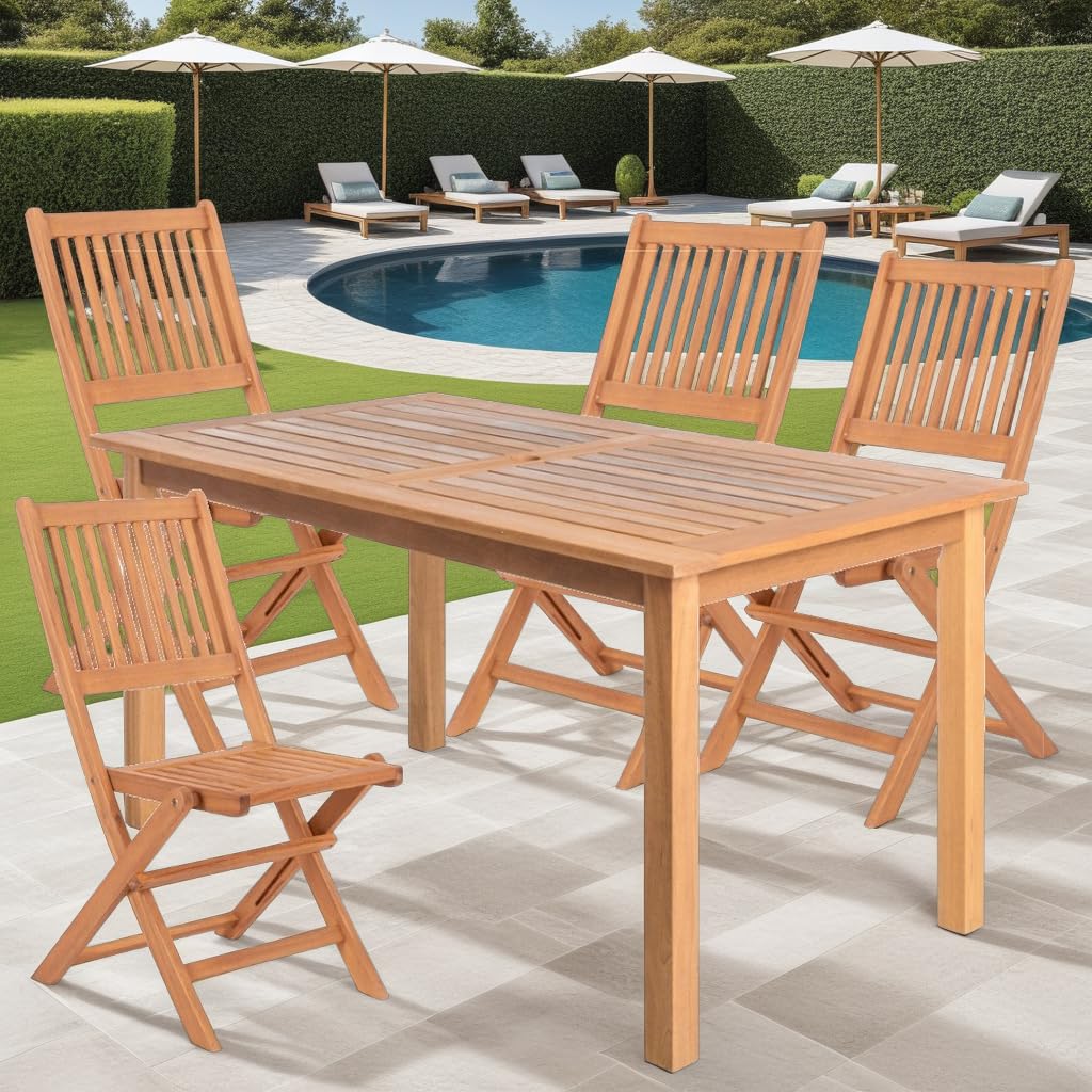 LOLAhome Conjunto de jardín Resistente y Plegable para 4 Personas | Mesa 140x80 cm y 4 Sillas | De Madera natual sostenible de Acacia con FSC | para Exterior, jardín, terraza, balcón | Kate