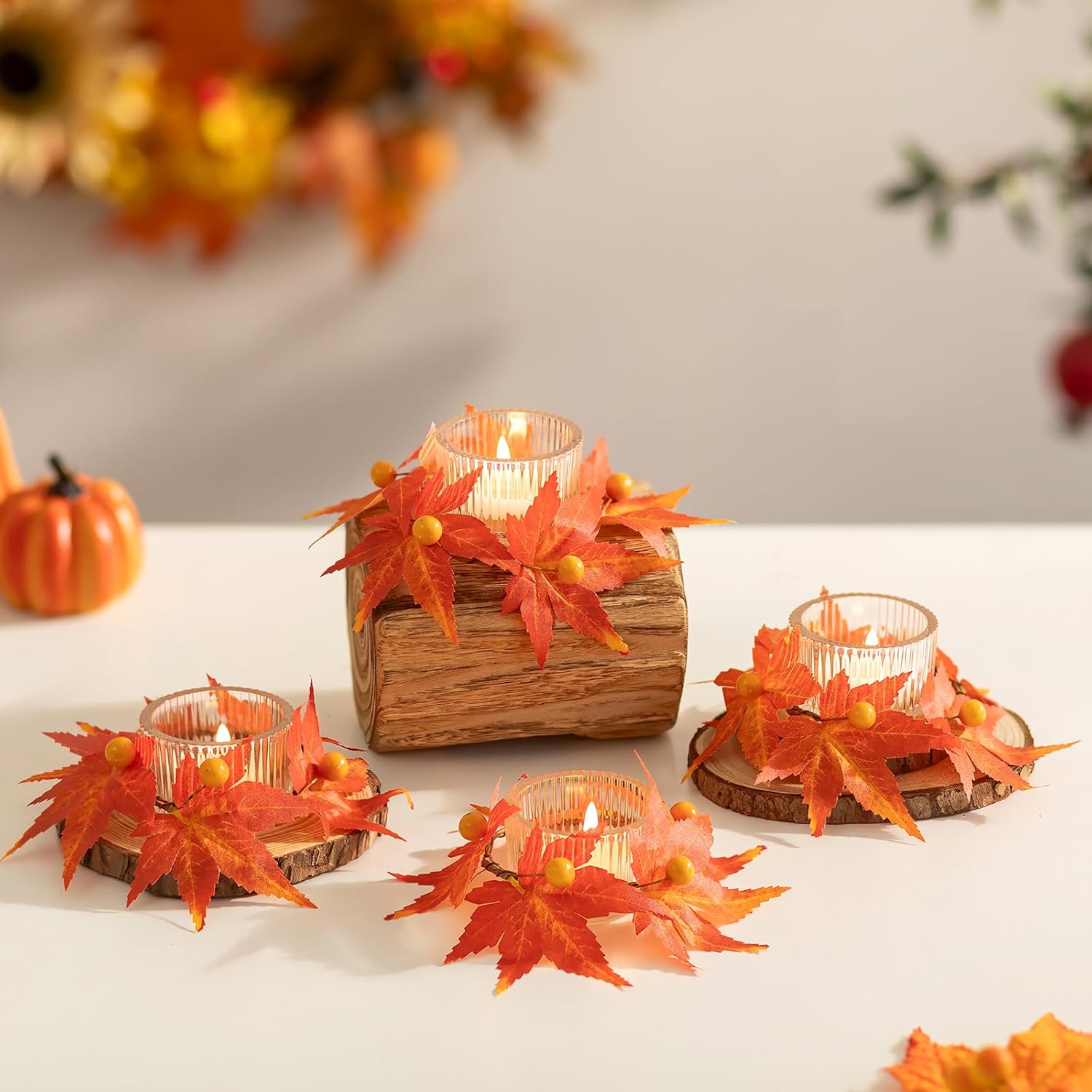 hewory fall candle holder centerpiece: thanksgiving candle holders set of 4 with maple leaves wreath & berries, glass tealight candle holder fall centerpiece table decorations for thanksgiving table 1 set (4 pcs) clear