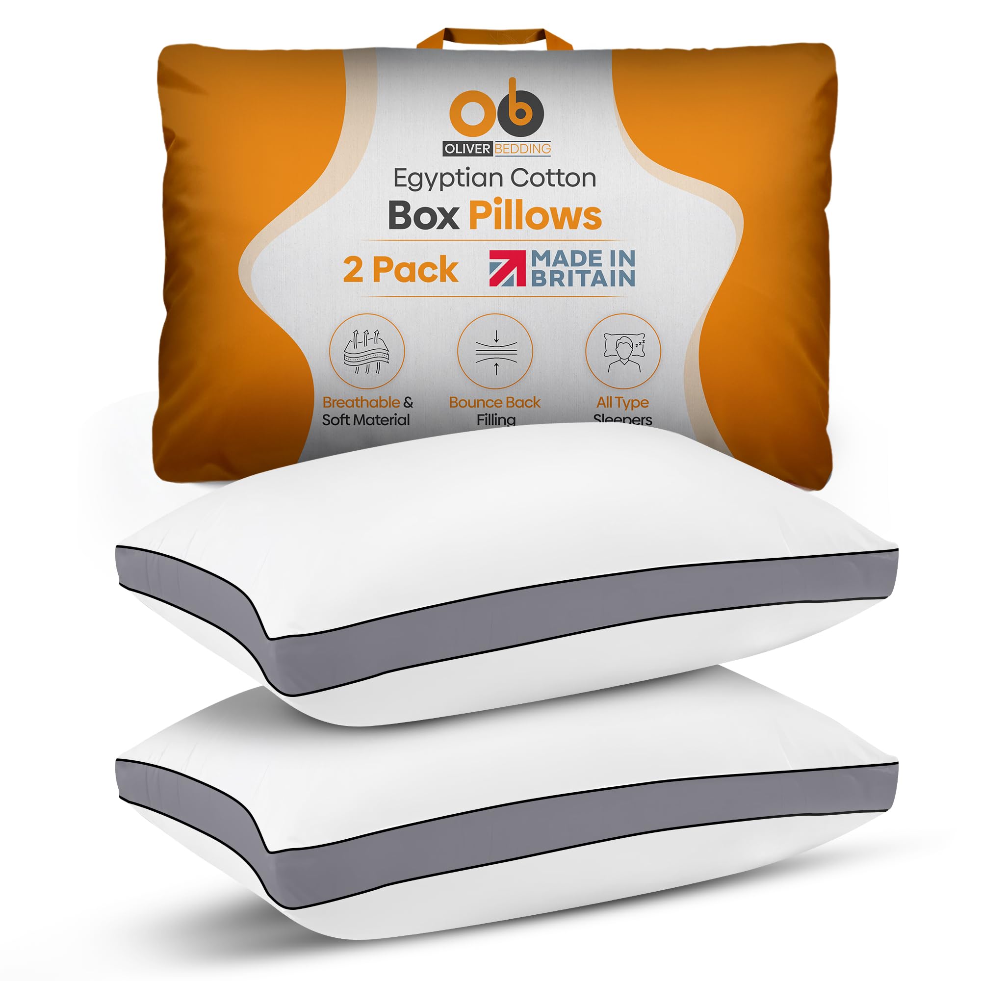 Premium Egyptian Cotton Box Pillows Hotel Quality Pillows for Back Stomach and Side Sleepers Down Alternative Filling Bed Pillow Hypoallergenic Breathable Washable Cover (Pack of 2) (Grey)