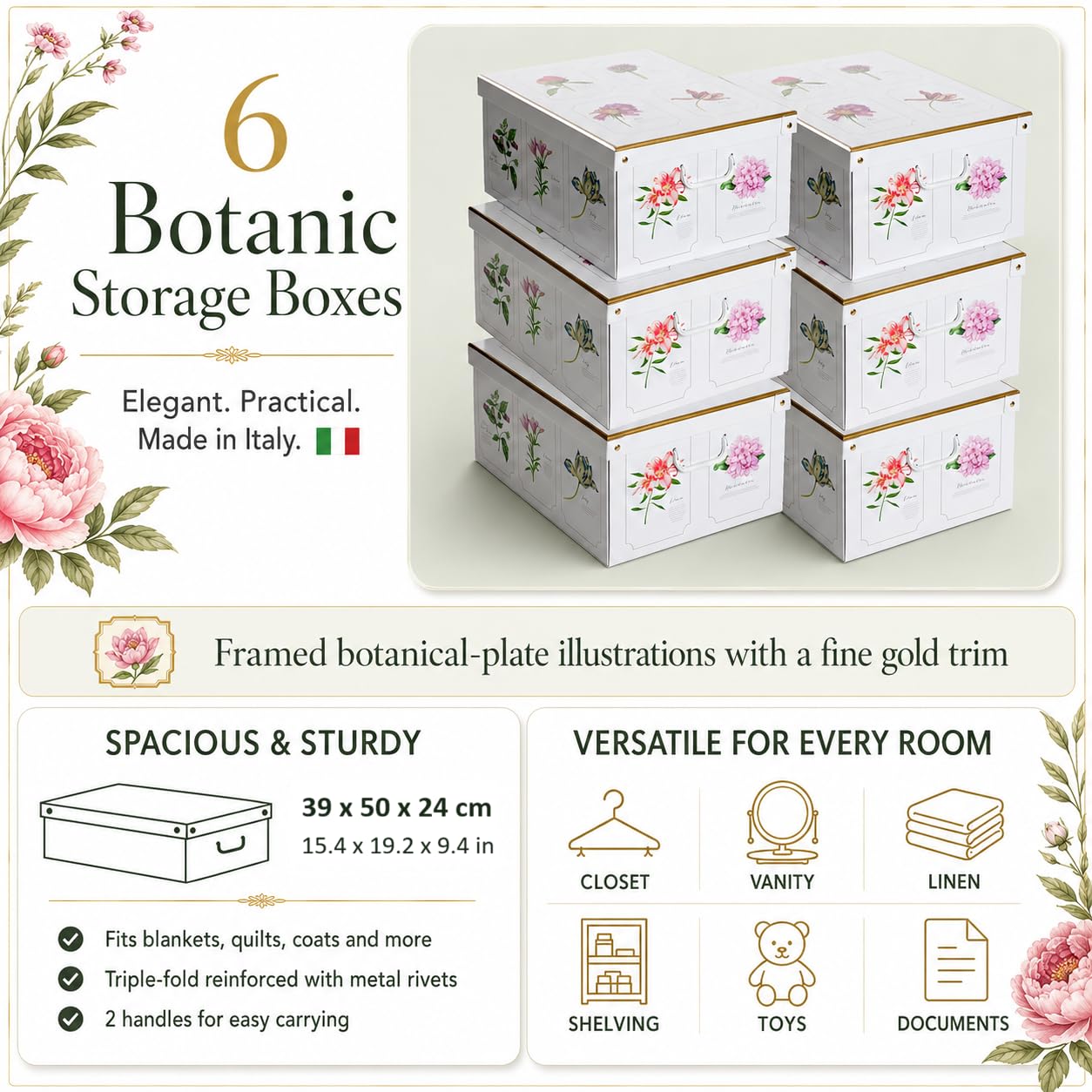Lavatelli Set de 6 Cajas de Armario con Tapa – Organizadores de Cambio de Temporada en Cartón 39x50x24 cm Botanic – Made in Italy, Resistentes, Fáciles de Montar, con Asas