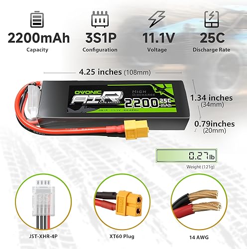 Miniatura 2 de OVONIC 3S Lipo Battery 25C 2200mAh 11.1V Lipo Batería con conector XT60 para avión RC helicóptero cuadricóptero RC coche, camión, barco (2 paquetes)