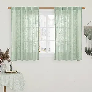 LAMIT 40 Inch Length Linen Curtains for Small Windows, Semi Sheer Light Filtering Panels Back Tab and Rod Pocket Neutral Drapes for Basement/Window/Loft Room, Fresh Green, 2 Panels, 34 x 40 Inch