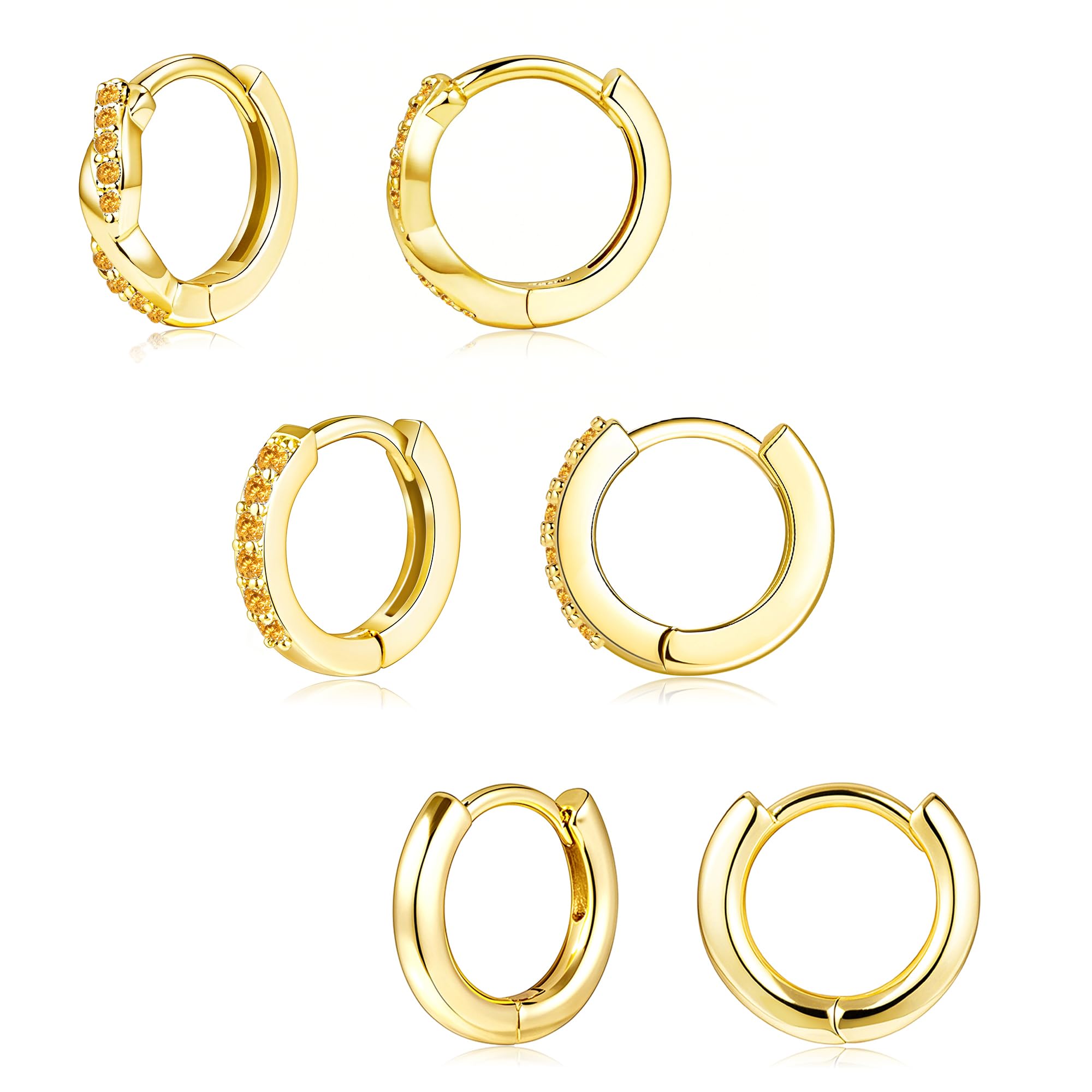 Gold Huggie Hoop Earrings Set for Women, Dainty Small Sterling Silver Earring for Multiple Piercing Hypoallergenic Jewelry, Trendy Twisted CZ Cartilage Earings for Women's Mother Gifts 3Pairs