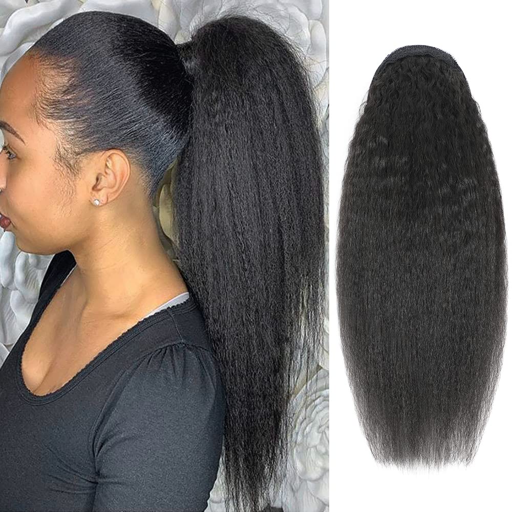Kinky Straight Ponytails Human Hair 10A Grade Drawstring Ponytail Extension Yaki Straight Clip in Pony Tail for Black Women Natural Black Hair Pieces (18 Inches)