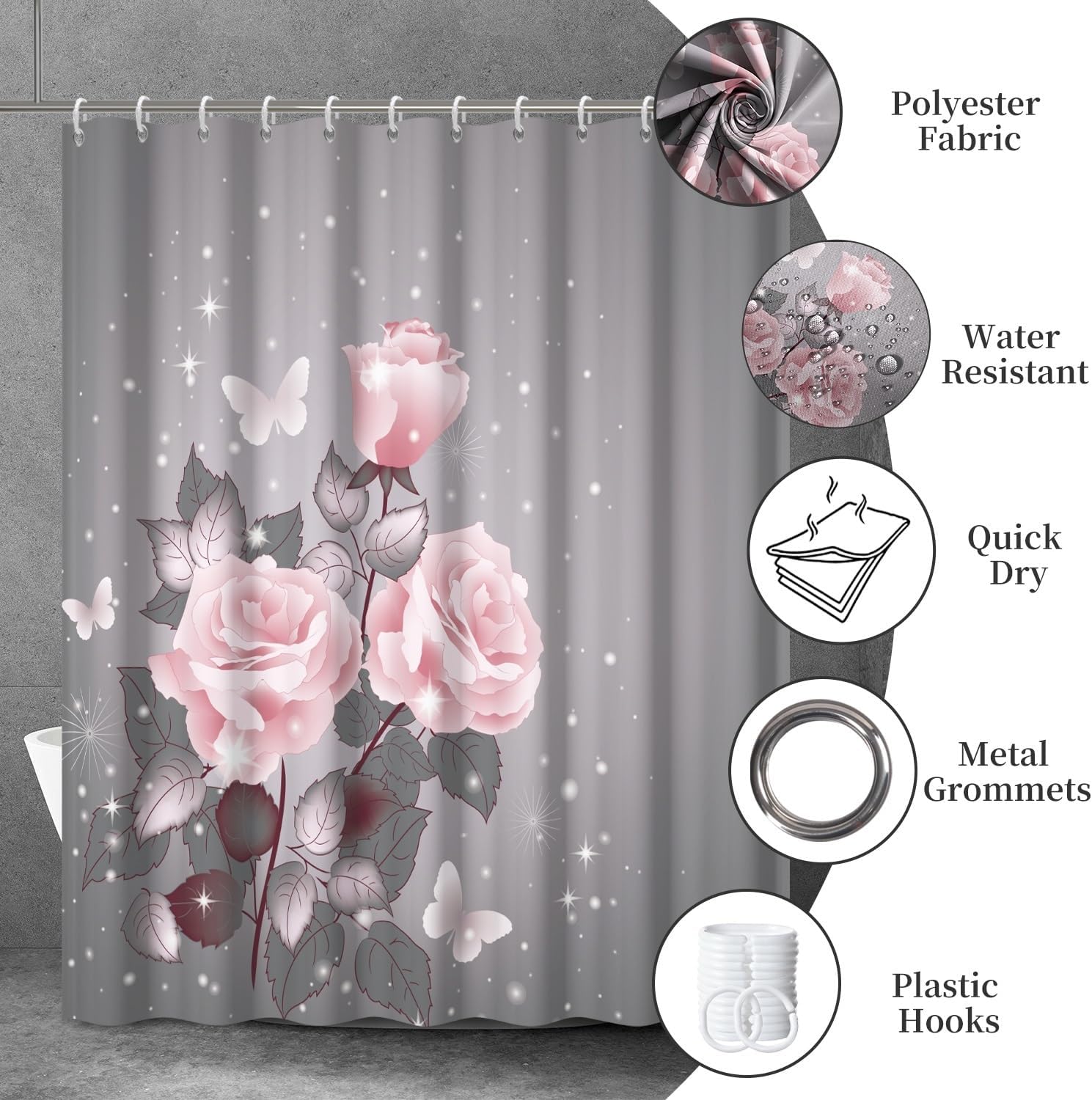 OERJU Floral Shower Curtain Pink Rose Stylish Bath Curtain with Printted Pattern Grey Background Waterproof Polyester Fabric Bathroom Decor Set with Hooks 72x96inch