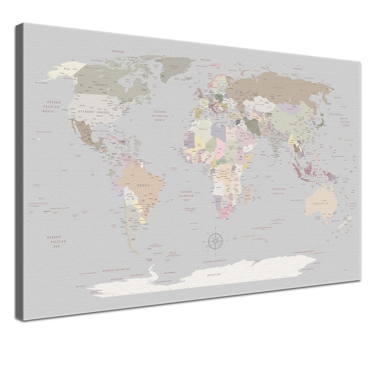 Weltkarte-Pinnwand als Leinwandbild zum pinnen der Reisen - World Map Light - spanisch - Landkarten-Wandbild Globus in grau, 100 x 70 cm