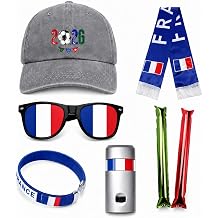 France Soccer Fan Gear Set, 7 Pcs 2026 Game Day Accessories with Hat, Scarf, Flag Sunglasses, Wristband, Flag Face Paint &amp; Cheer Sticks, Soccer Party Supplies for Watch Parties