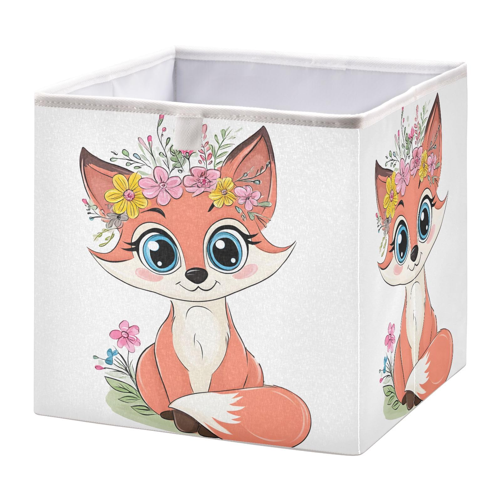 Foldable Storage Cube Fox Flowers Wreath Organizer Basket for Home Shelf