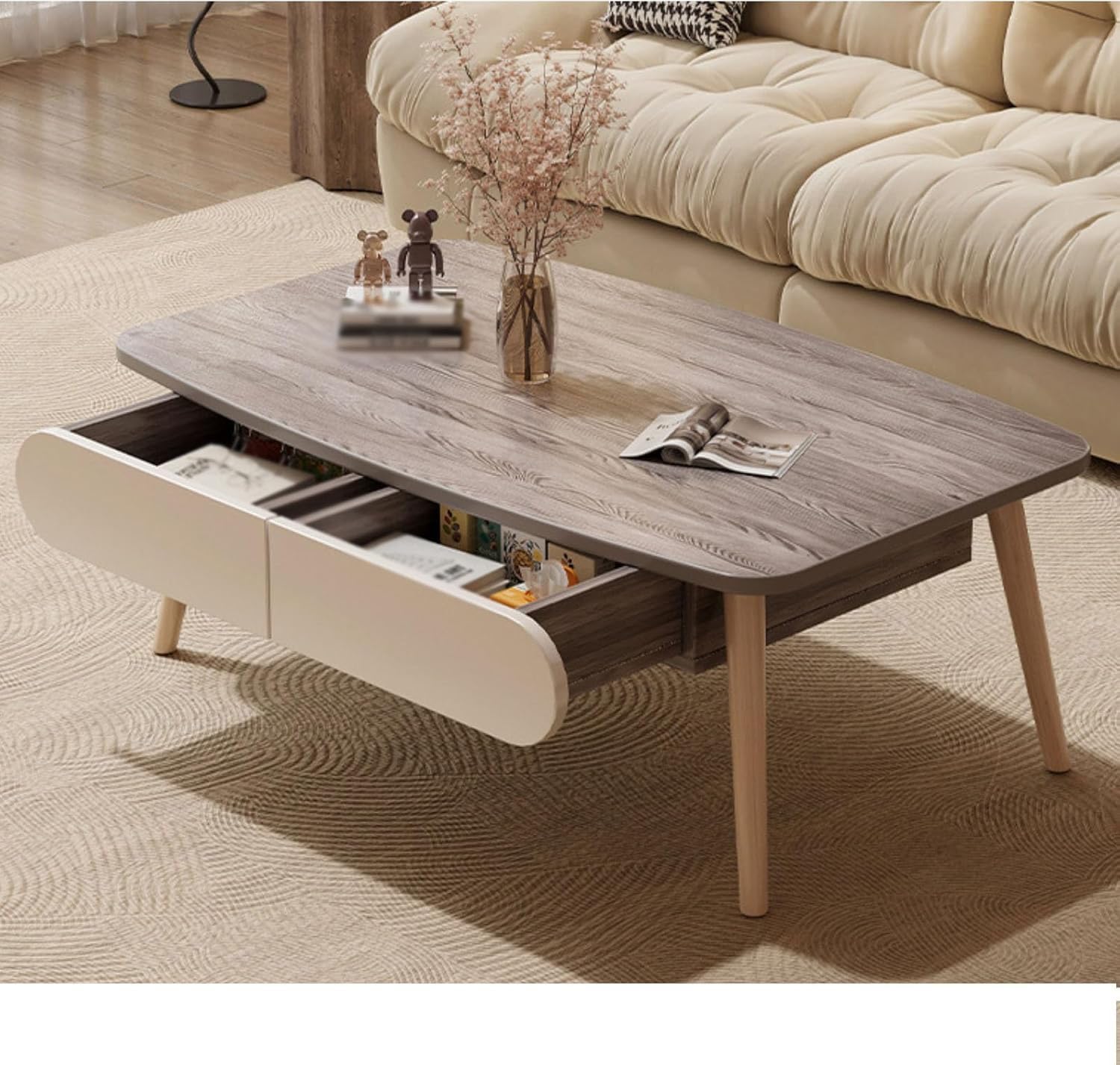 SXZenSpace Cloud Shape Coffee Table, Wooden Sofa Table Side Table,for Living Room,Apartment,Reception Room,with 2 Drawers, Solid Wood Tea End Rectangular
