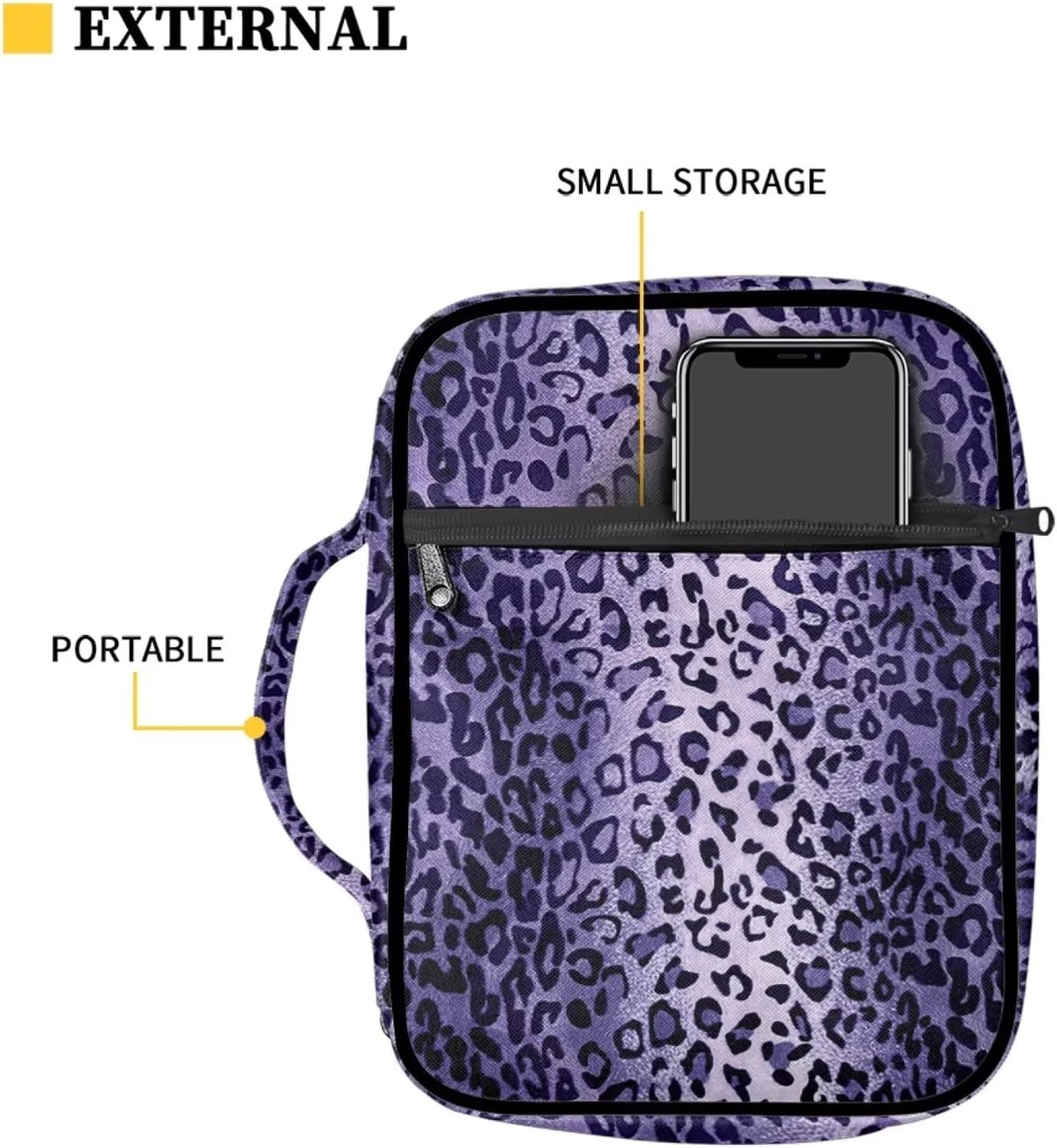 Belidome Purple Leopard Bible Cover for Women Girls Bible Case Organizers Book Carrying Bag with Handle Tote Portable Scripture Journaling Notebook Protector Church Bag