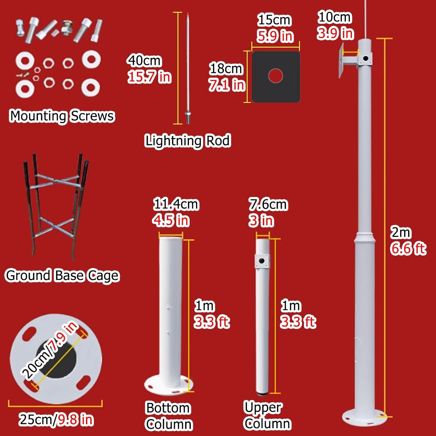 2-3 Sections Security Camera Pole, Adjustable 6.6-19.7 FT Surveillance Stand with Lightning Rod, Universal Outdoor Mount for CCTV Cameras and Security Systems